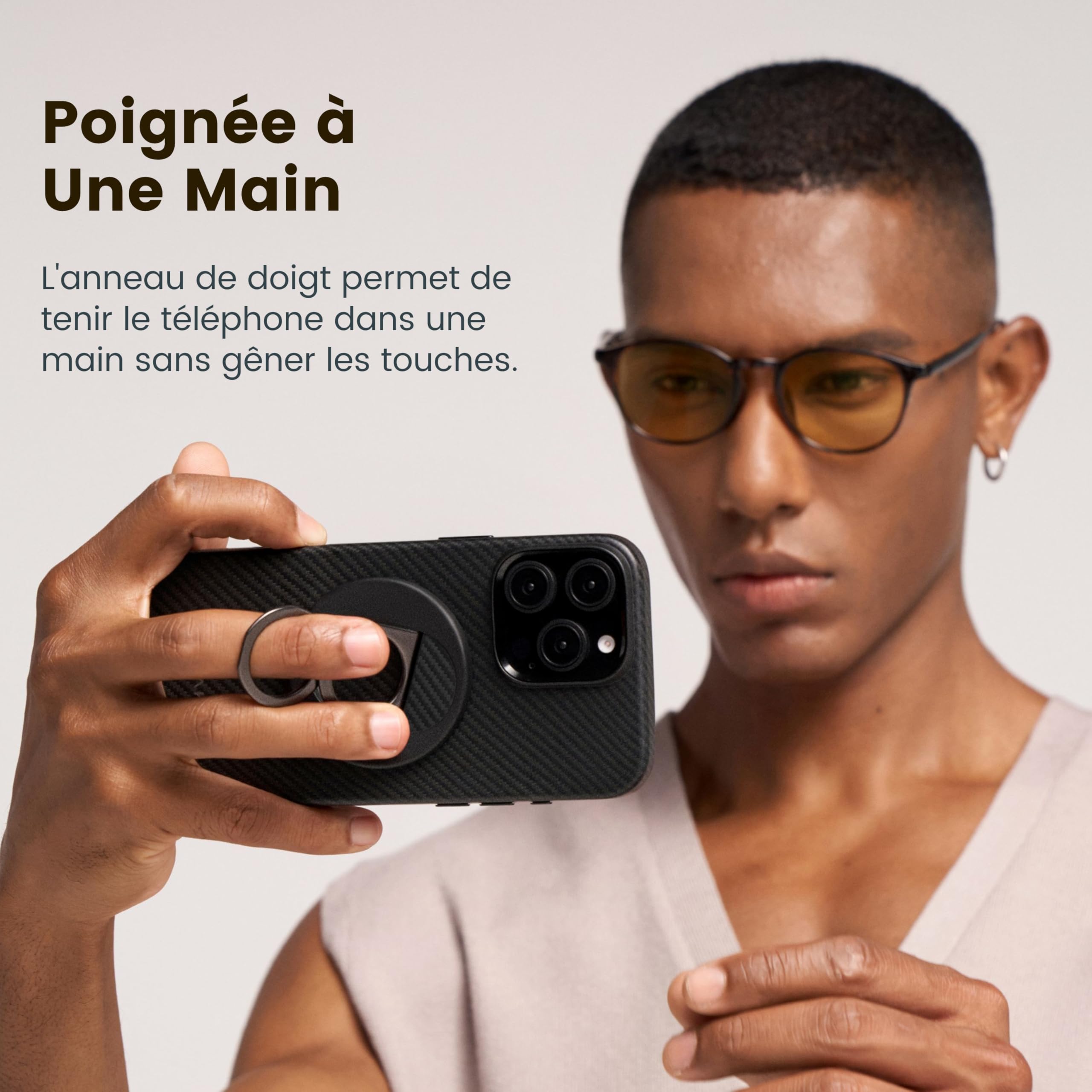 pitaka Poignée Magnétique Support pour Anneau de Téléphone avec Double Anneau Porte Doigt Réglable en Fibre Aramide pour iPhone 16/15/14/13 Noir/Gris