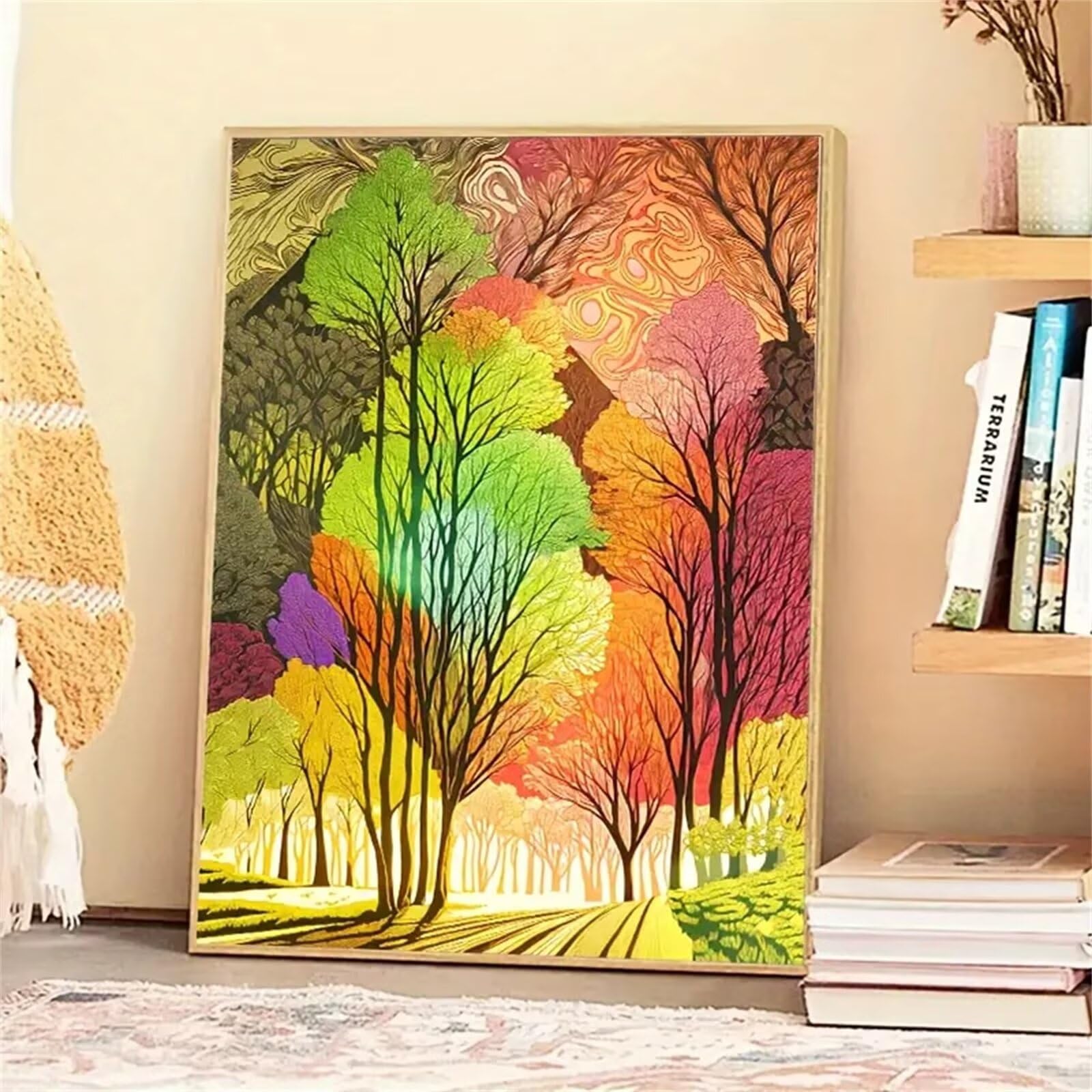 Yoonqun Pintar por Numeros para Adultos,con marco Paint by Numbers Kit DIY Cuadros Pintura al óleo de Lienzo con pigmento acrílico y pinceles para Hogar Pared Decoración Bosque abstracto,60x75 cm