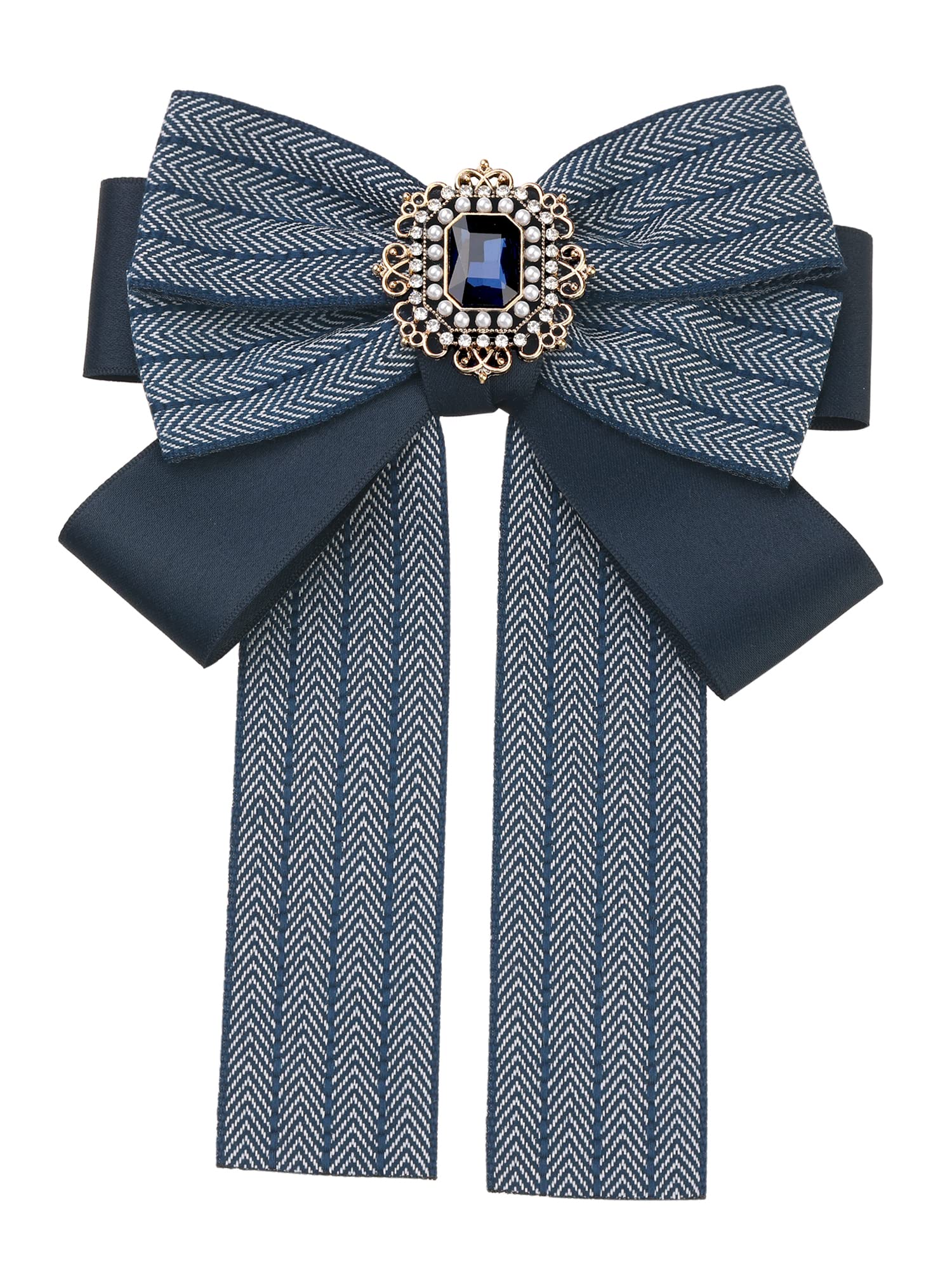 Elerevyo Women's Navy Blue Bow Ties Striped Pre-Tied Long Tail Ribbon Brooch Pin For Fashion One Size