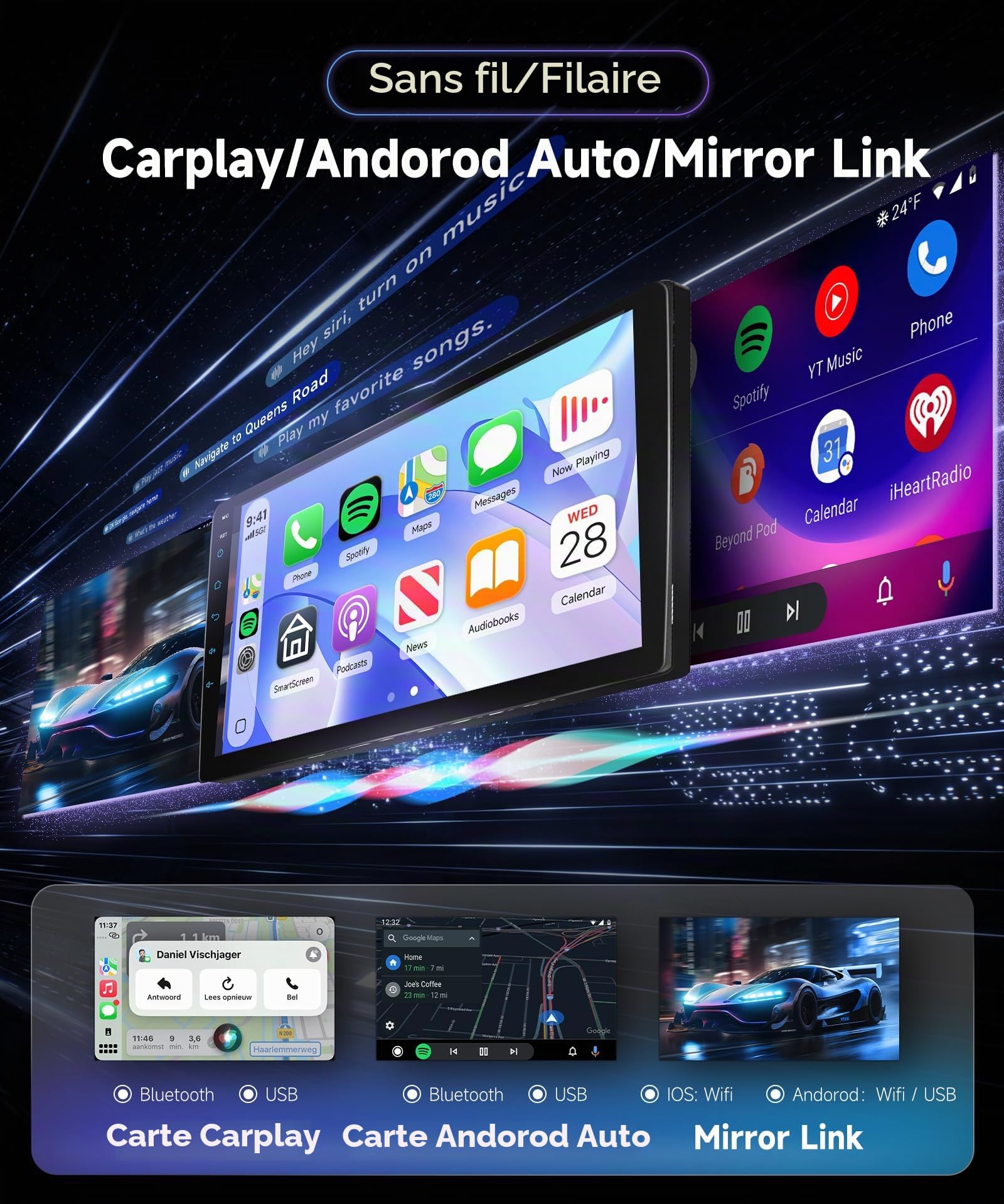 Hodozzy Autoradio pour Toyota Yaris 2012-2017 avec CarPlay sans Fil Android Auto, 9 Pouce Touchsreen avec Bluetooth/RDS Radio/SWC/GPS/Youtube/USB/V-Link/+Caméra de Recul
