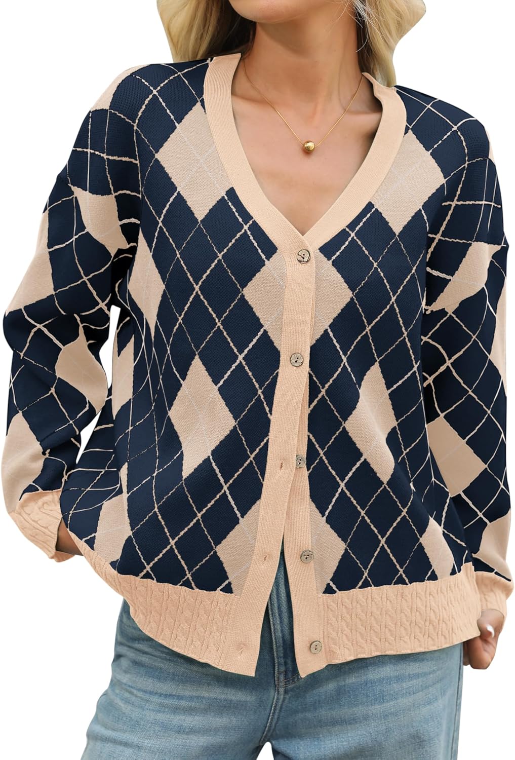 womens cardigan sweaters long sleeve v neck button up checkered sweater oversized knit tops fall winter cardigan coat navy blue