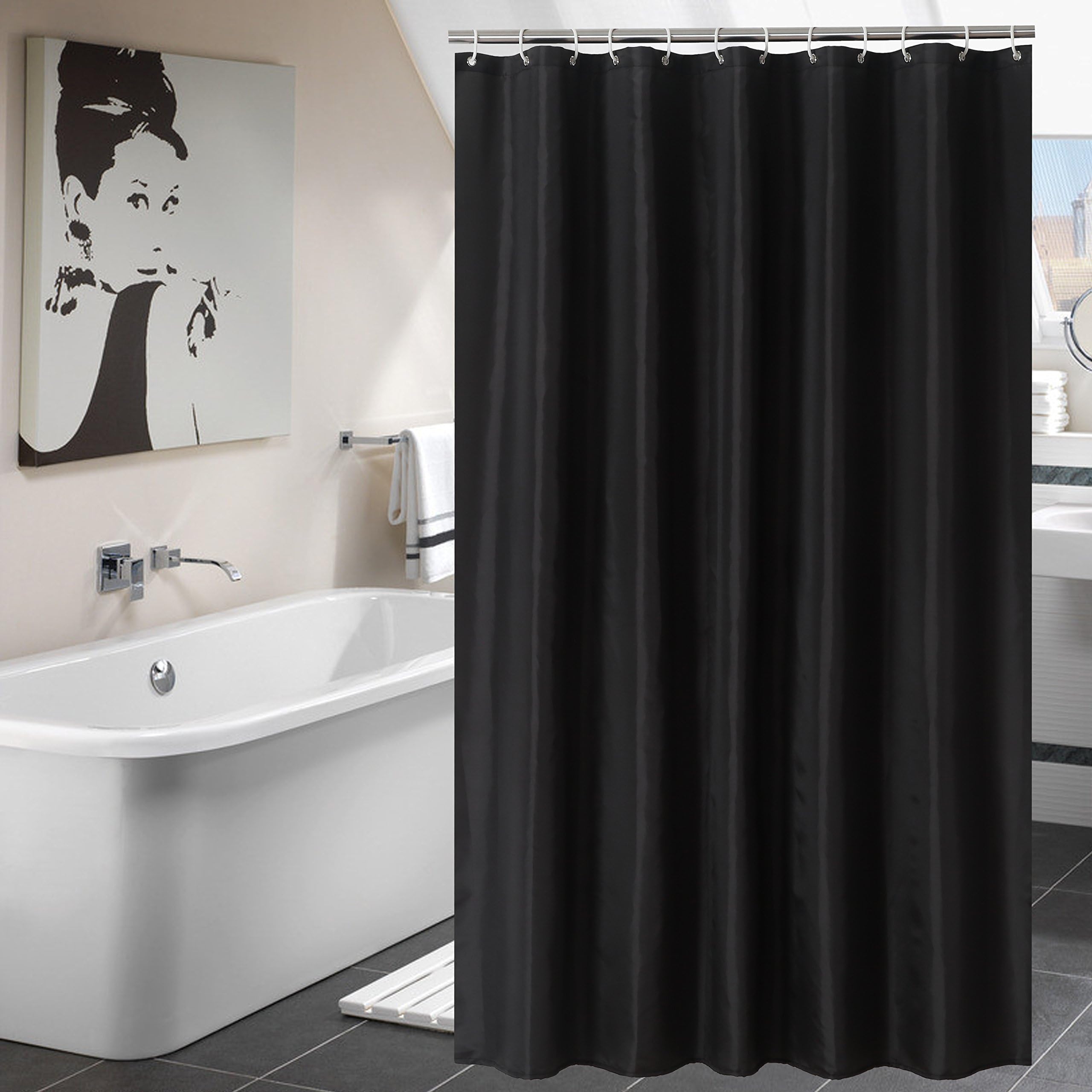 YUUNITY Shower Curtain Polyester Fabric Bath Curtain with Hooks Bathroom Accessories,Waterproof Washable, 72"x 72"-Black
