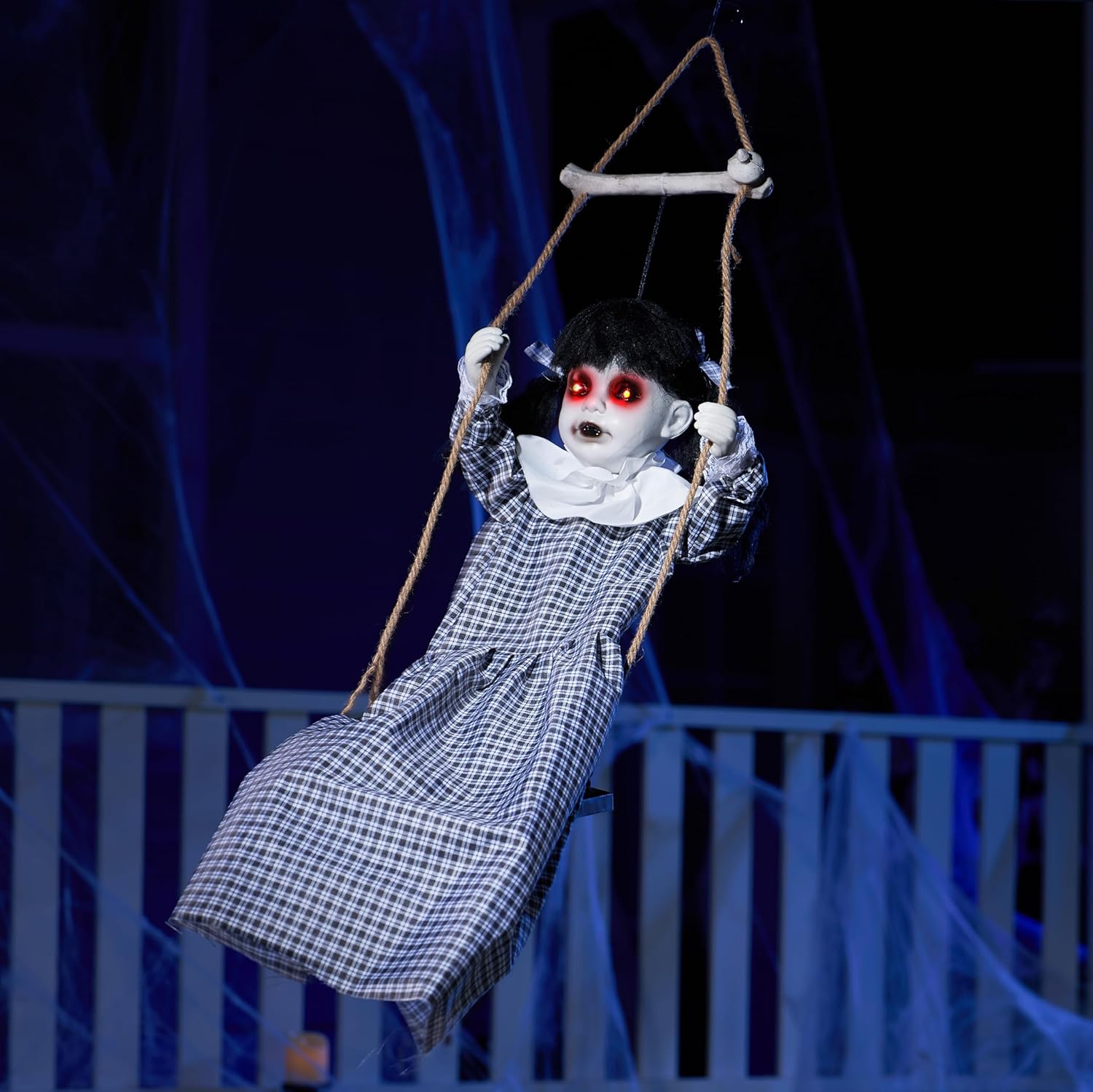 JOYIN Outdoor Halloween Hanging Scary Swing Girl Decorations, Outdoor Swinging Doll with Creepy Sound and Light Up Eyes Sound, Animated Hanging Decors Activated for Garden Yard Lawn