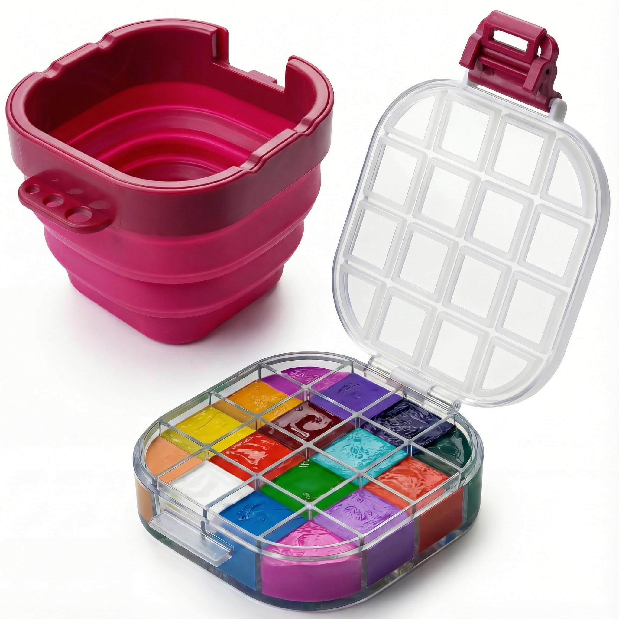 16-Well Airtight Gouache Palette Box with Lid & Foldable Water Cup, Pink