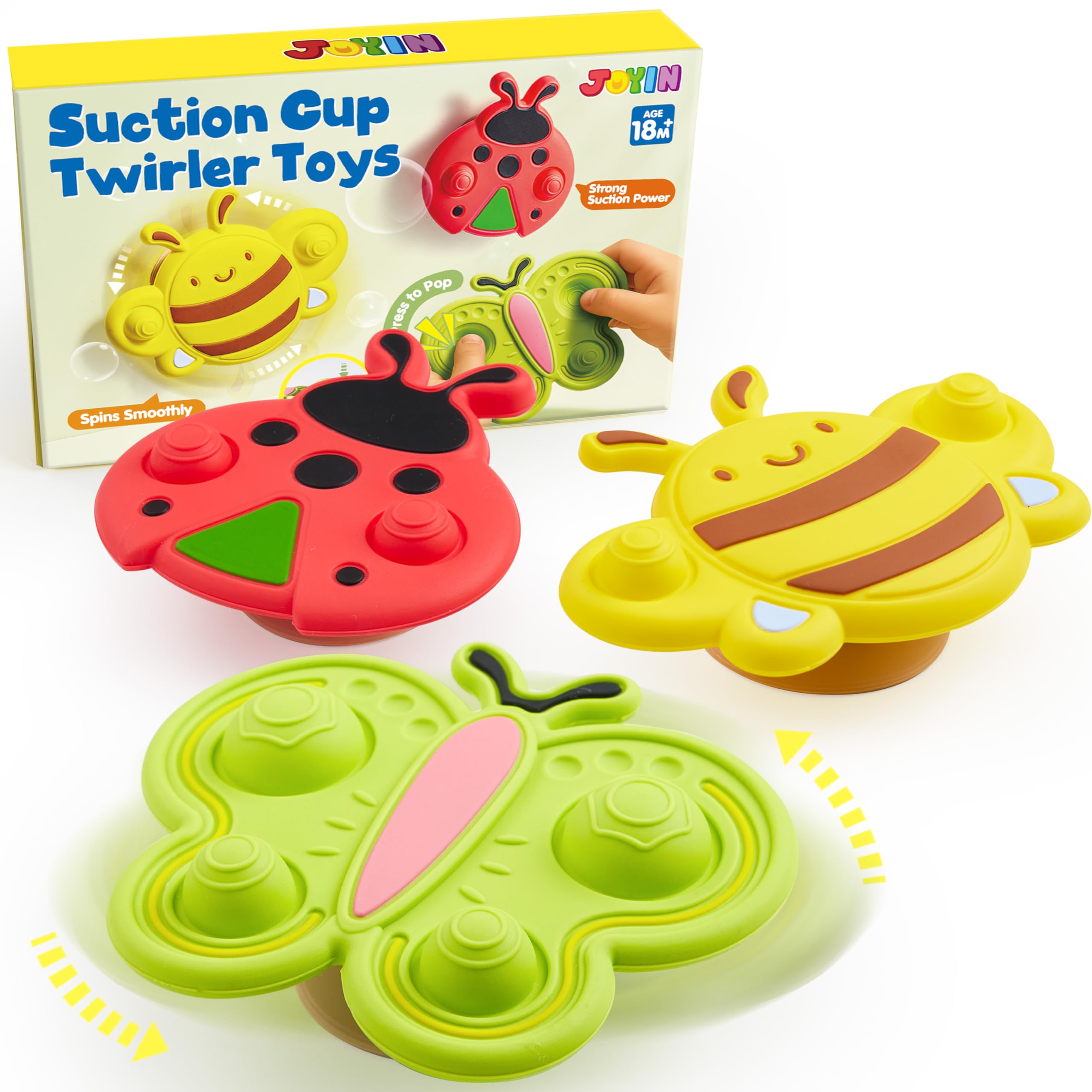 Joyin 3 Pcs Suction Cup Spinner Toys for Toddlers 1-3, Baby Spinning Tops, Insect-Themed Sensory Early Education Toys, Bathtub Travel Car Seat Toy, Birthday Gifts for Boys Girls