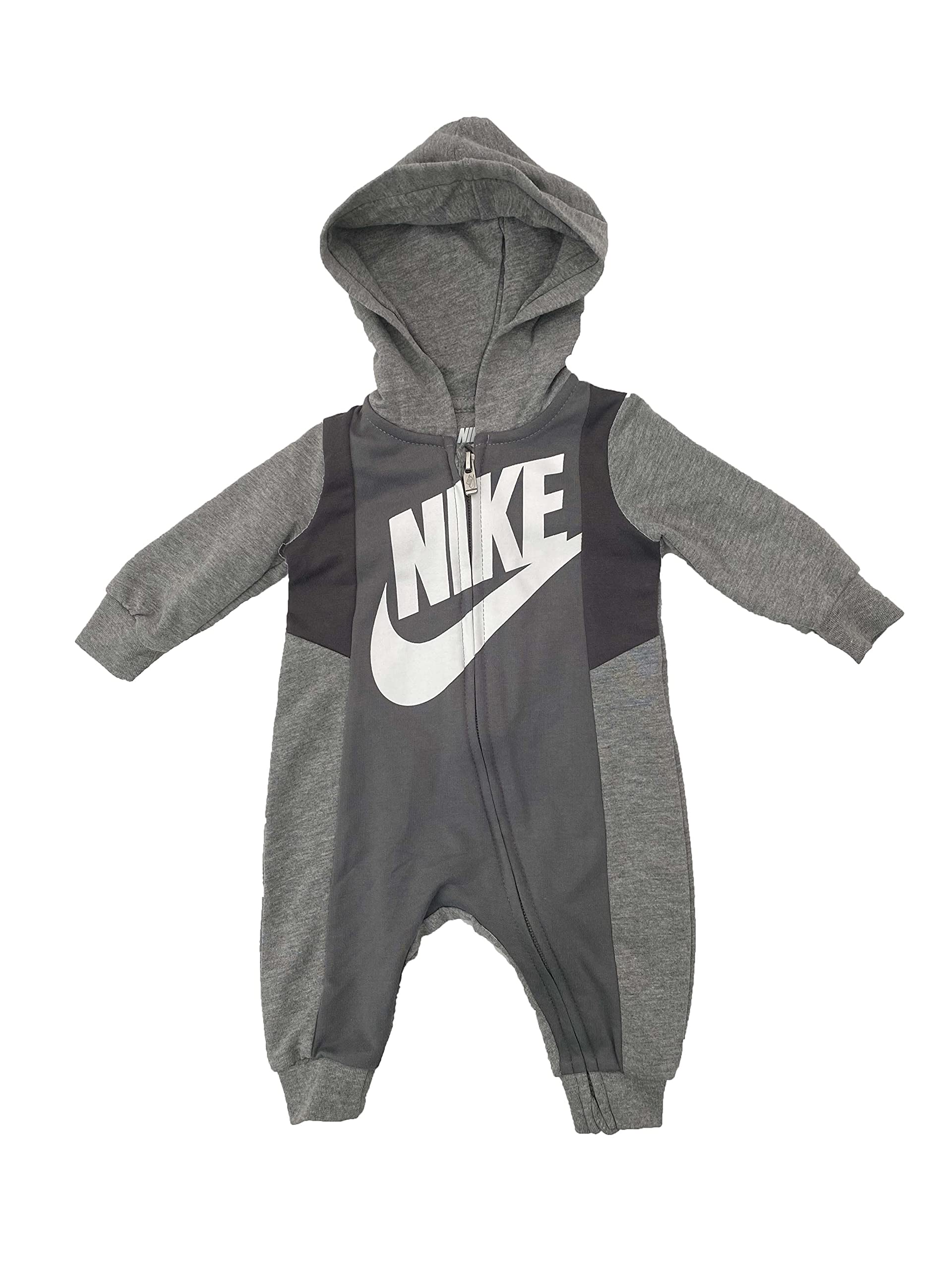 Nike Baby Boy Full Zip Long Sleeve Hooded Coverall (Heather Grey(66I153-GEH)/White, 6 Months)