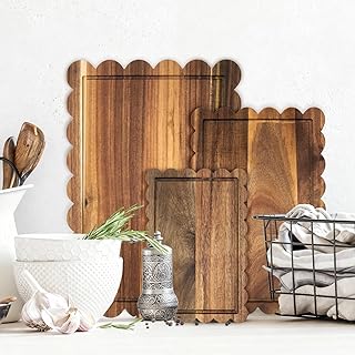 3 Pcs Acacia Wood Scalloped Cutting Board Set, Decorative Cutting Boards Bread Charcuterie Board for Grandmillenial Cottagecore Kitchen Decor Cheese Meat Fruit Bread Chopping Blocks (Classic Style)