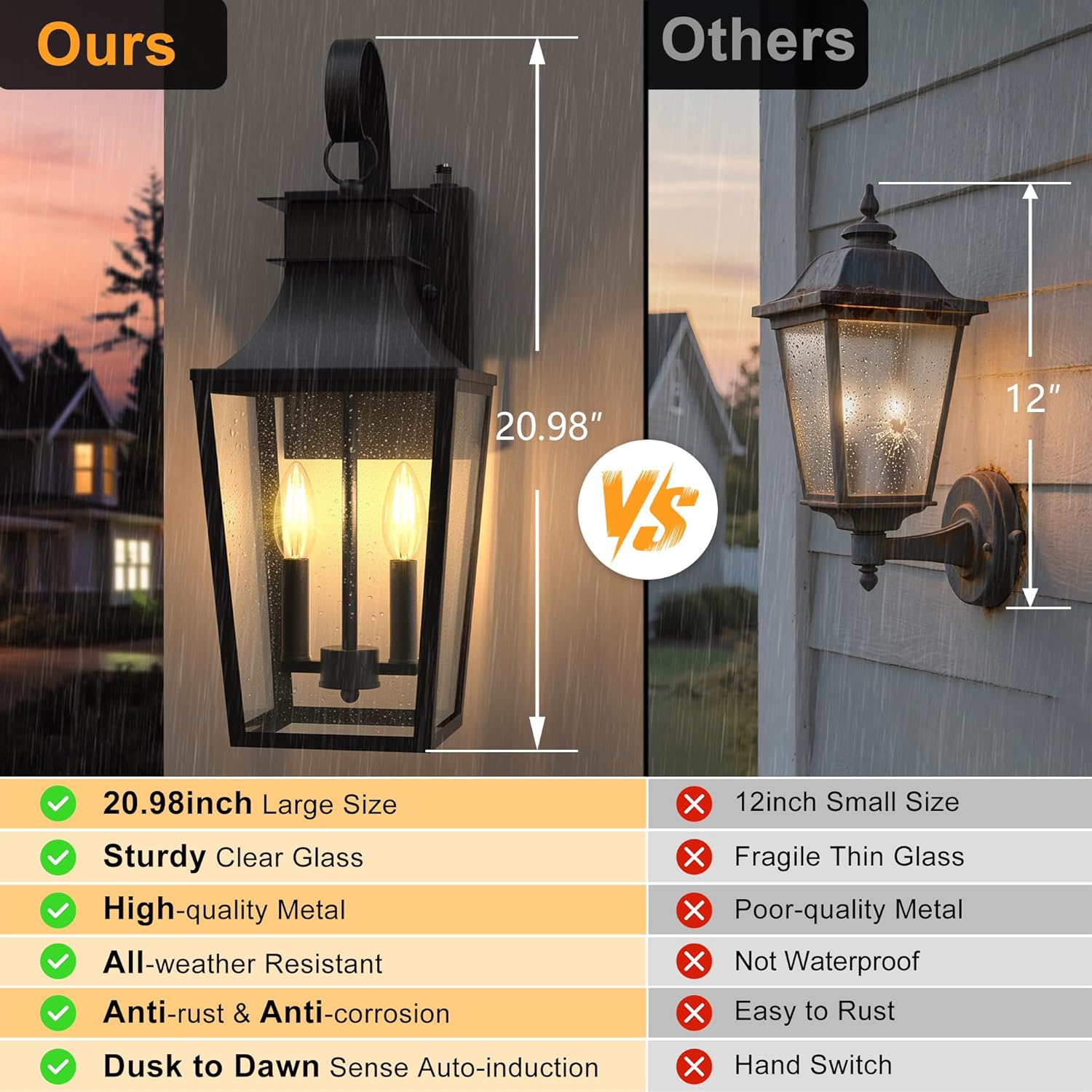 20.98-INCH Outdoor Wall Sconce 2-Light, Waterproof Exterior Light Fixtures Wall Mount Outside Light with Glass, Dusk to Dawn Outdoor Wall Lantern for Porch, House, Garage, Black