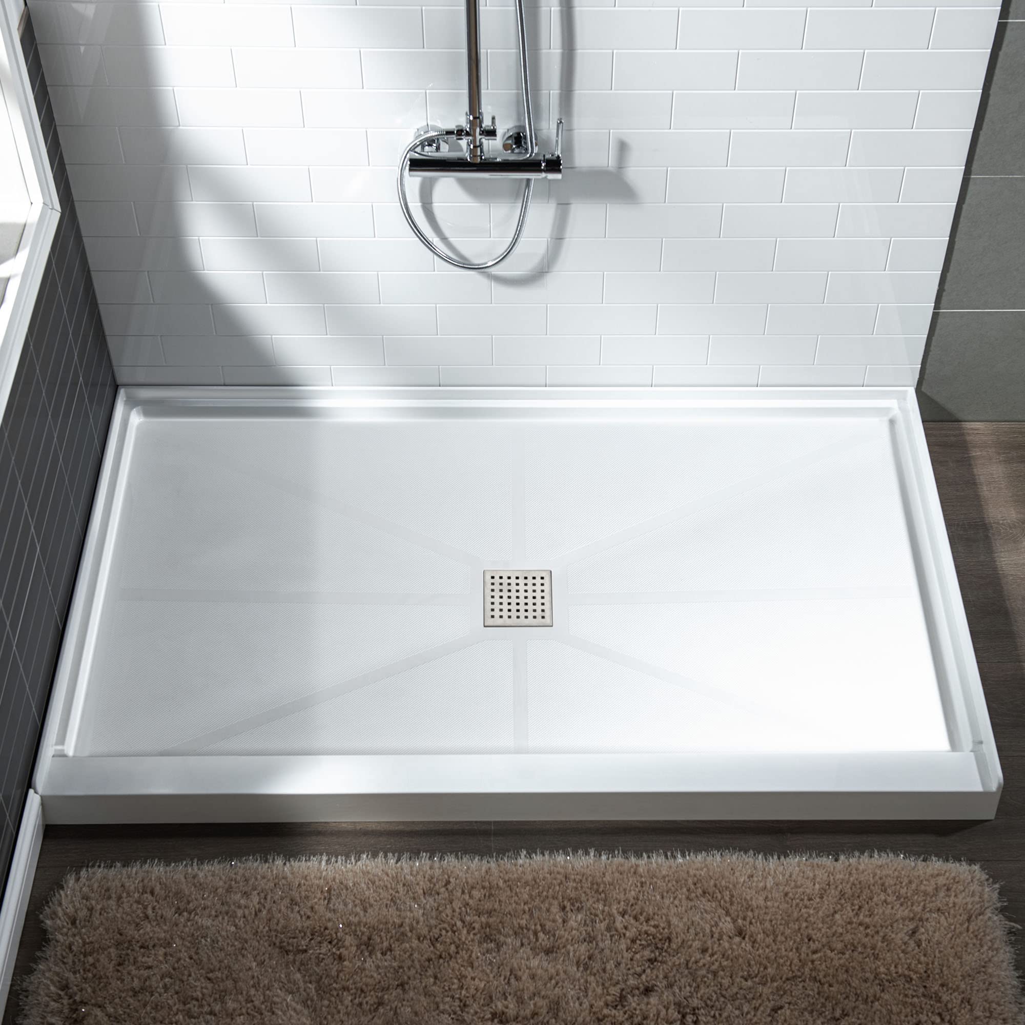 WOODBRIDGE 48"L x 36"W x 4"H Shower Base,Center Drain,Non-Slip Single Threshold Shower Pan, Solid Surface with Brushed Nickel Linear Drain Cover
