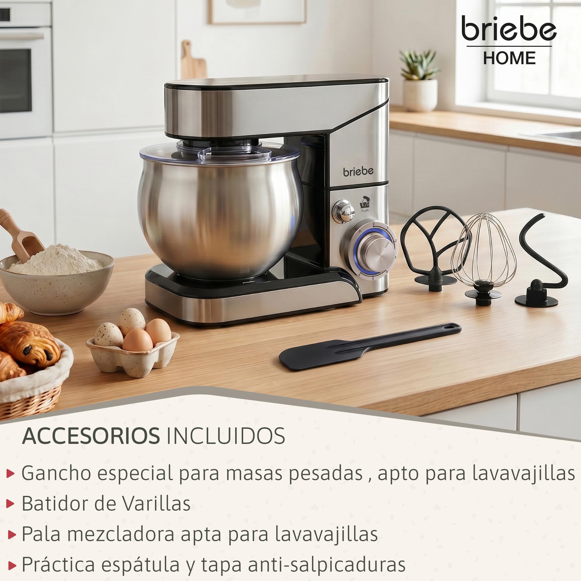 briebe Batidora Amasadora Repostería 1800W MAX, Robot Cocina Profesional, Movimiento Orbital, Varillas, Gancho Masa, Pala Mezcladora, 5 L, 6 Velocidades + Función Pulso, Inox KM1114