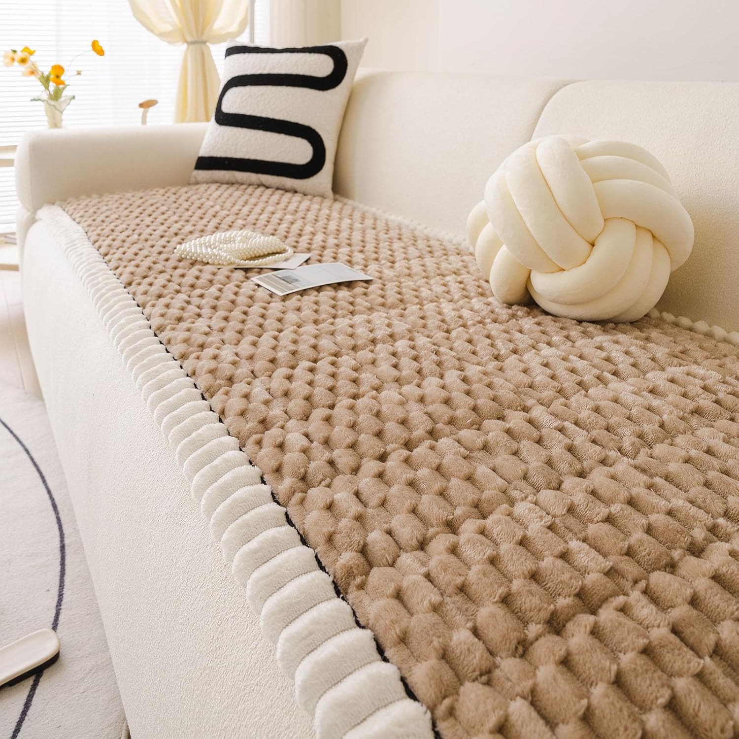 Faux Fur Couch Cover for Dogs Washable, Soft Cozy Non Slip Sectional Sofa Cover, Pet Couch Covers for 3 Cushion Sofa L Shaped, Furniture Protector for Pets Kids(Coffee,28"x59")