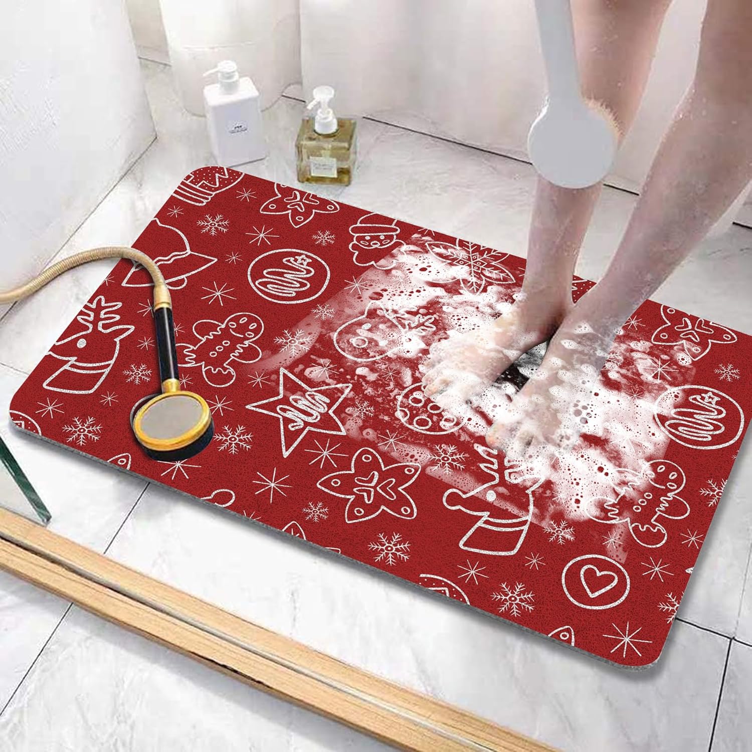 Shower Mat 90x120cm/35.43x47.24in Twill Non Slip Bath Mat for Inside Loofah Soft Textured Foot Massage Pad Bathroom Floor Mat for Wet Area, Without Suction Cups, Quick Drying,Black and Red