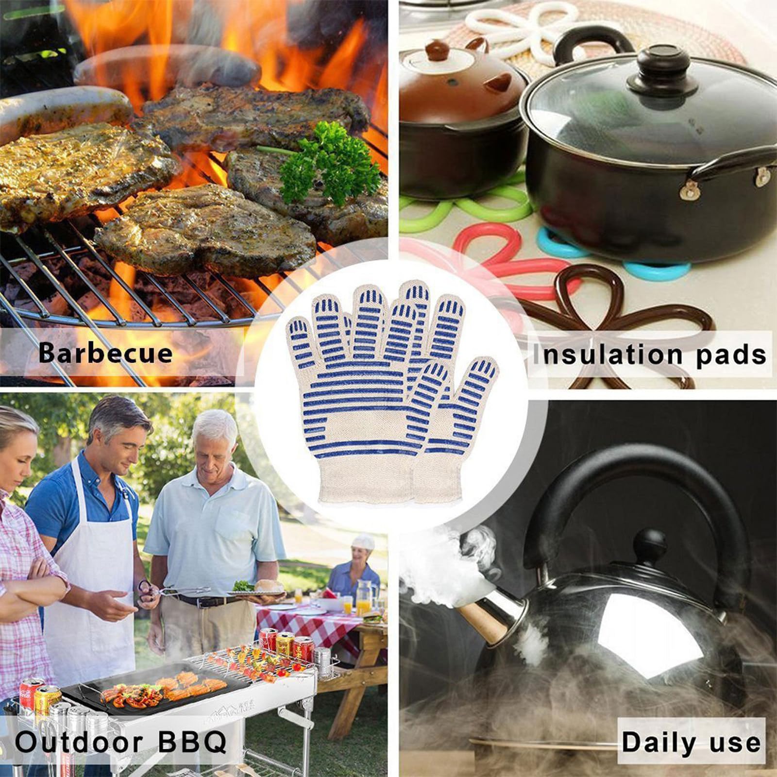 Guantes Barbacoa, Calor hasta 500°C, Silicona Antideslizante, Guantes Cocina para Parrilla, Hornear, Microondas, 2 Par Blue-26cm/10.24in