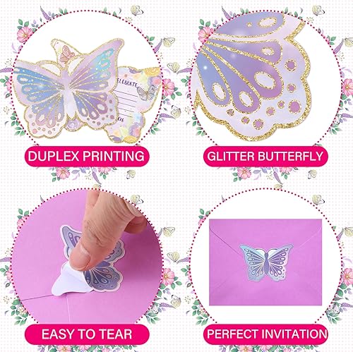 Miniatura 5 de Hotop Juego de 24 invitaciones de cumpleaños de mariposa con sobres y calcomanías para niñas, invitaciones de fiesta para niños, cumpleaños, baby