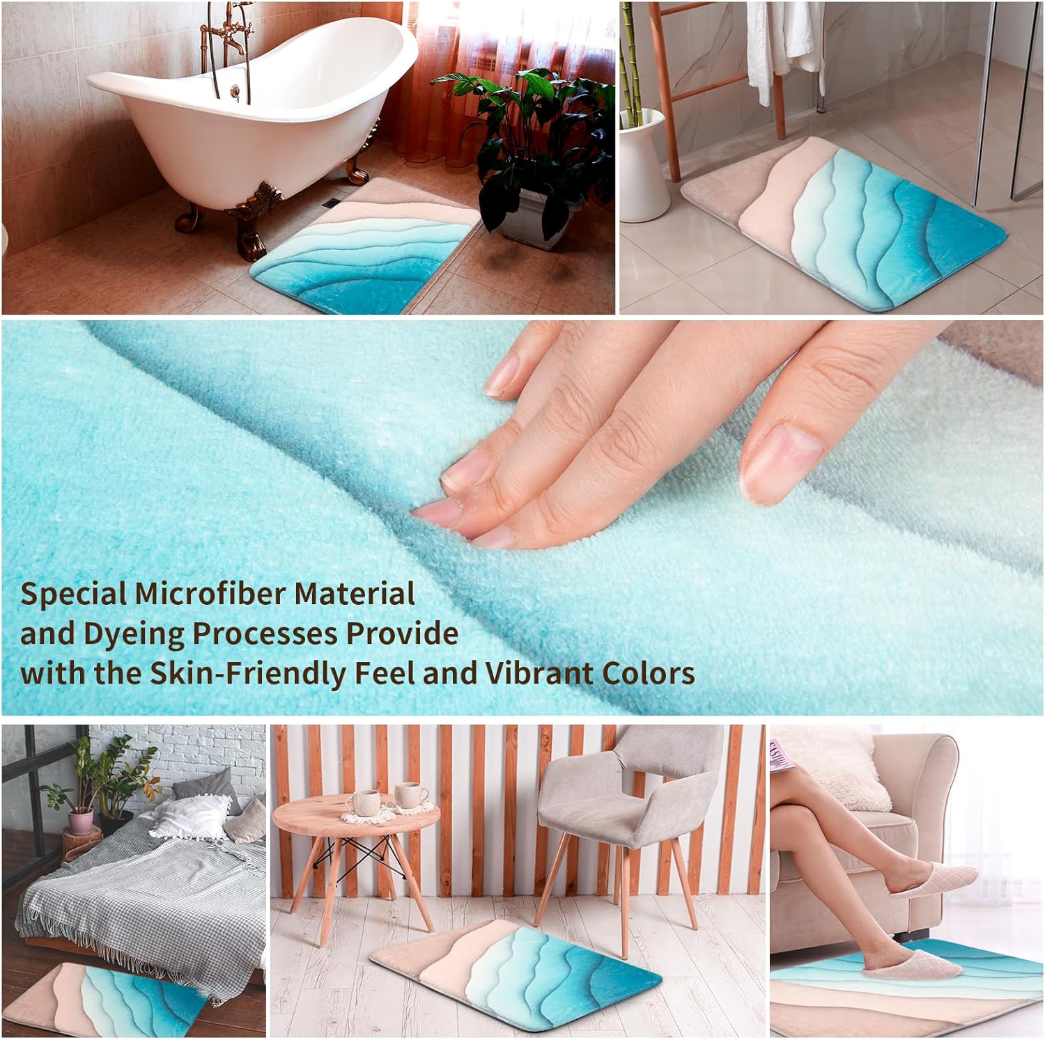 Memory Foam Bath Rug, Extra Thick Beach Wave Bathroom Mat, Cashmere-Like Plush Microfiber, Water Absorbent with Quick Dry, Non-Slip and Heavy Duty