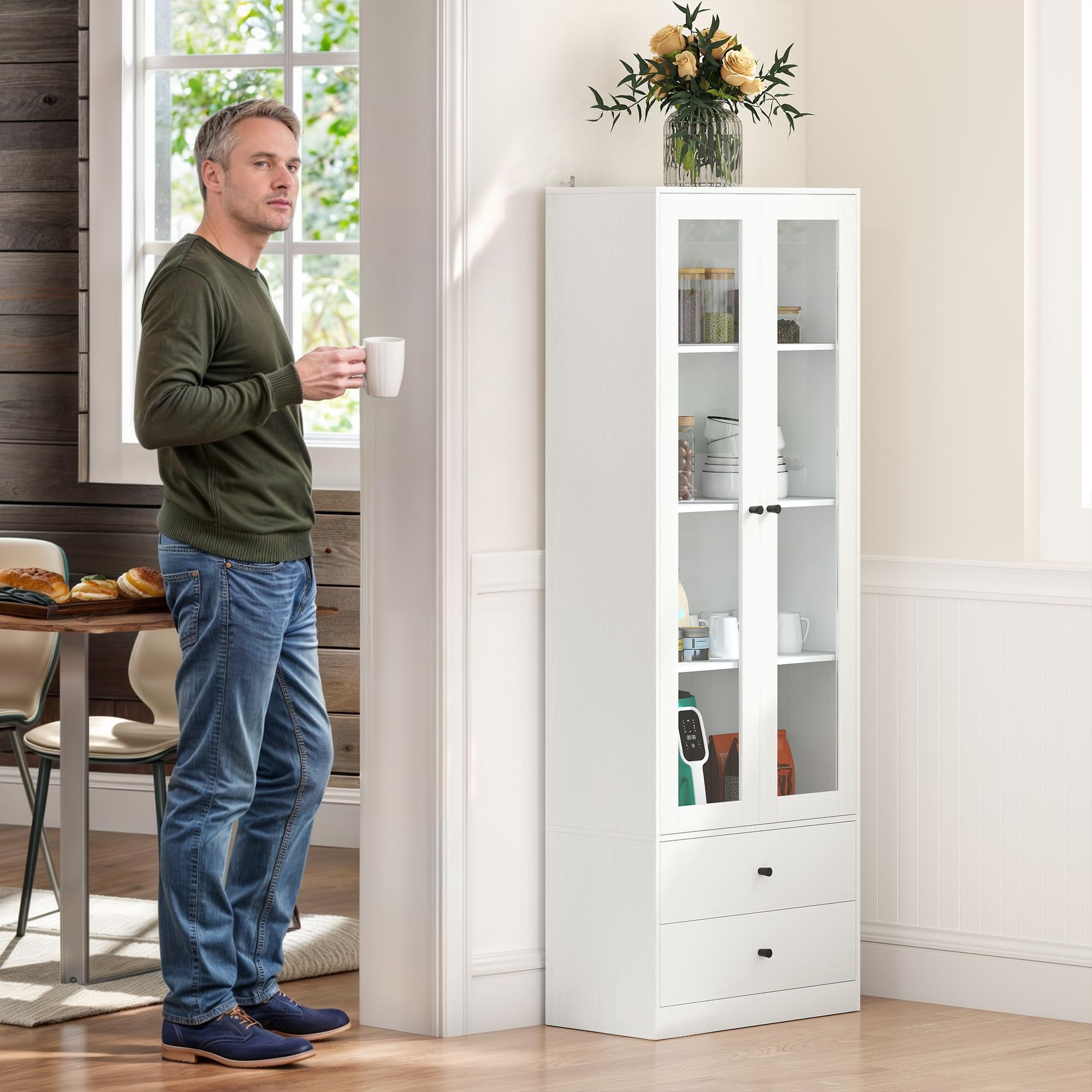 HOMCOM Meuble de Rangement Buffet Salon Placard 59 x 30 x 164 cm Blanc | Portes Vitrées, Étagères Réglables, 2 Tiroirs, Armoire de Rangement, Salon Cuisine Chambre