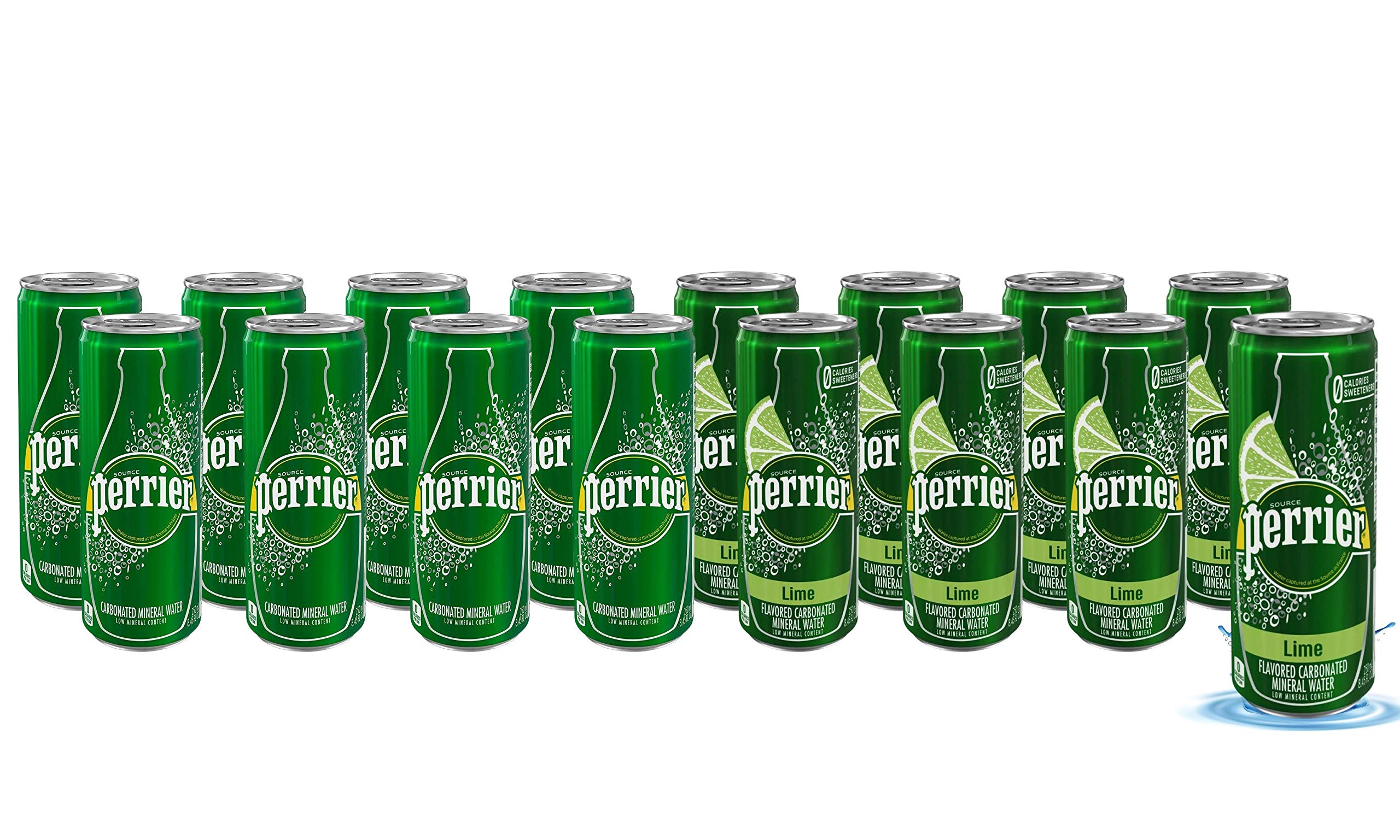 Perrier Flavored Carbonated Mineral Water - Original & Lime Flavor Variety Pack - 8.45 fl oz. Slim Cans, Natural Sparkling Drinking Water | Pack of 16