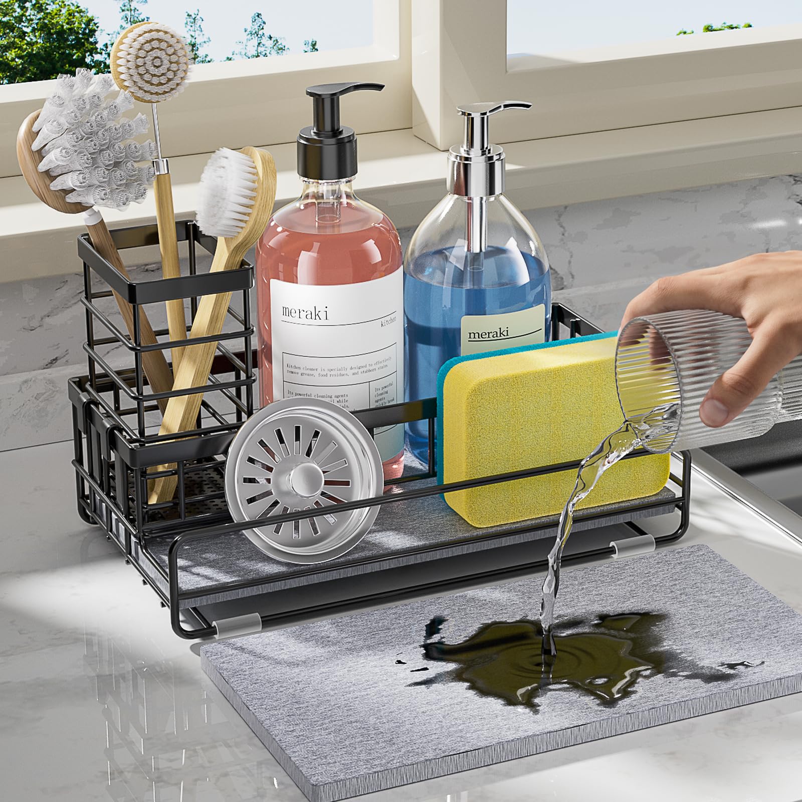 Large Family-Sized Sponge Holder for Kitchen Sink Organizer - Sink Caddy with Instant Drying Stone Stainless Steel Sponge
