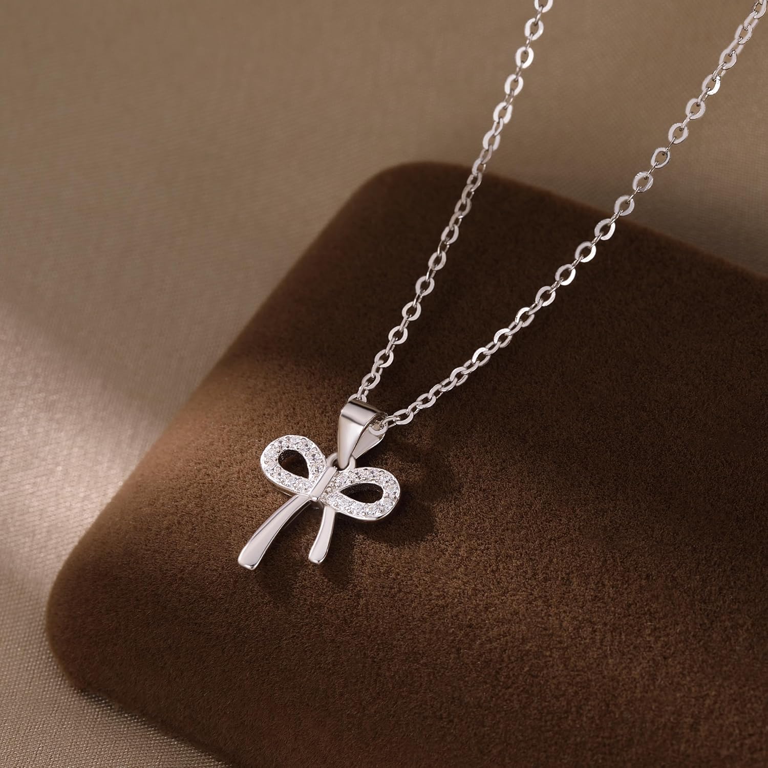 Reffeer Solid 925 Sterling Silver CZ Bow Necklace Chain for Women Teen Girls Crystal Bow Pendant Necklace Choker Bowknot - Image 6