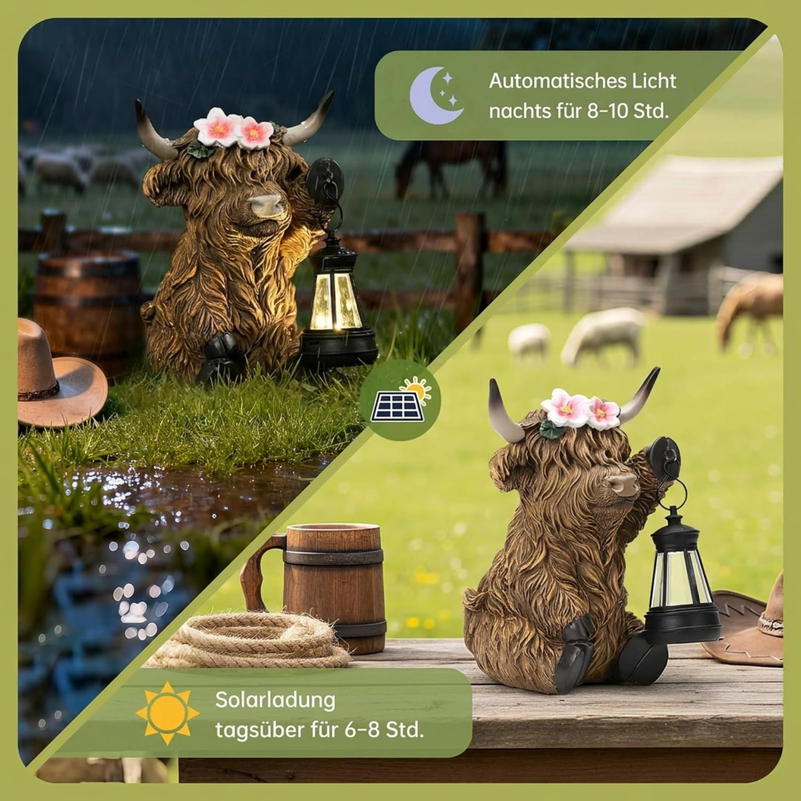 Highland Cow Kuh Figuren mit Blumen Solar Deko für Gartendeko & Wohnzimmer - Solar-Laterne, Bernstein-LED, autom. EIN/Aus, wetterfeste Harzfigur für Garten, Balkon & Bauernhof-Deko