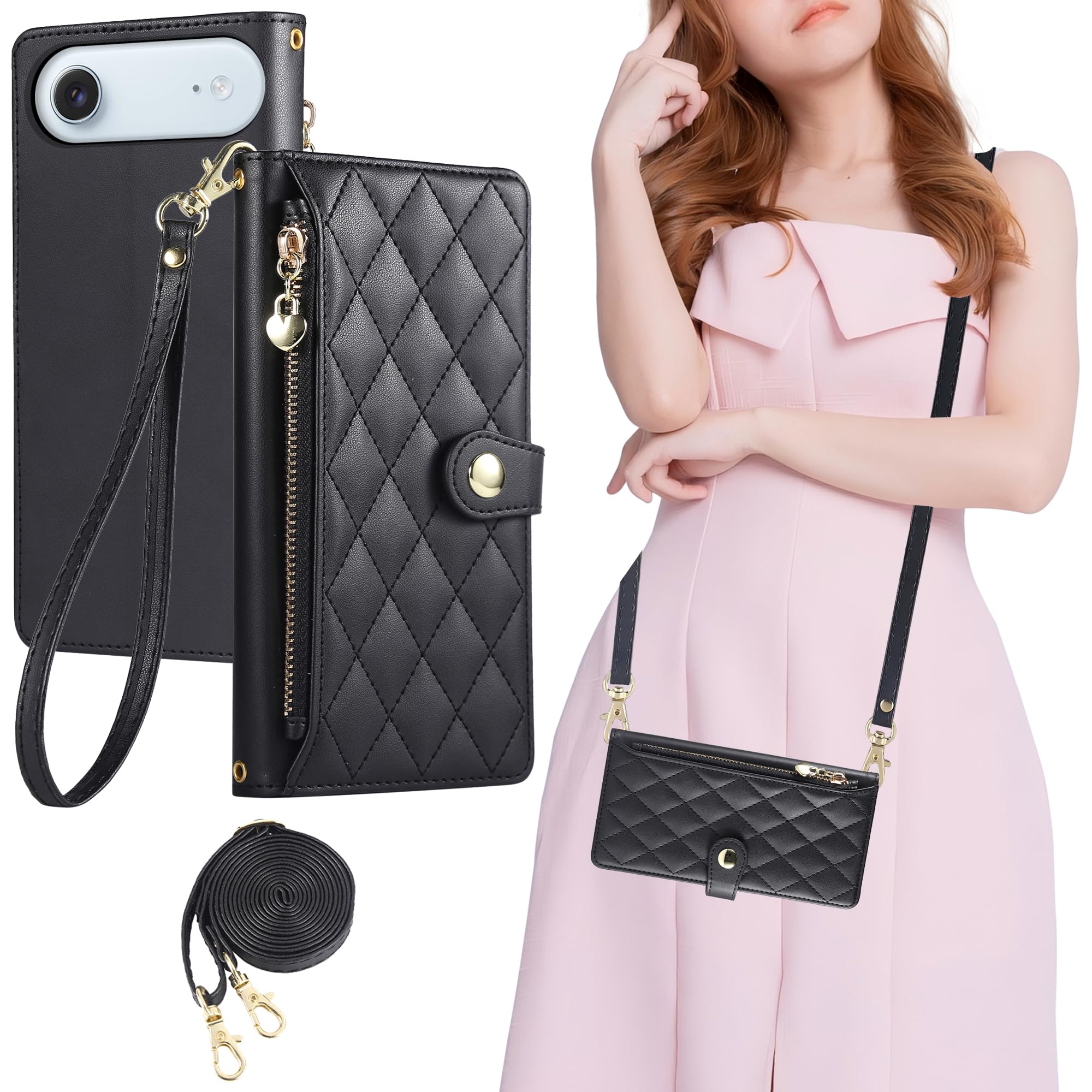 Gedurya iPhone Air 用 ケース 手帳型 ショルダー いphone air ケース ショルダー ファスナー型 小銭入れ 斜めがけ 肩掛け iPhoneエア スマホケース 財布型 カード収納 コインポケット アイフォンair 携帯カバー マグネット式 スタンド機能 同色ストラップ付き ロング＋ショート - ブラック