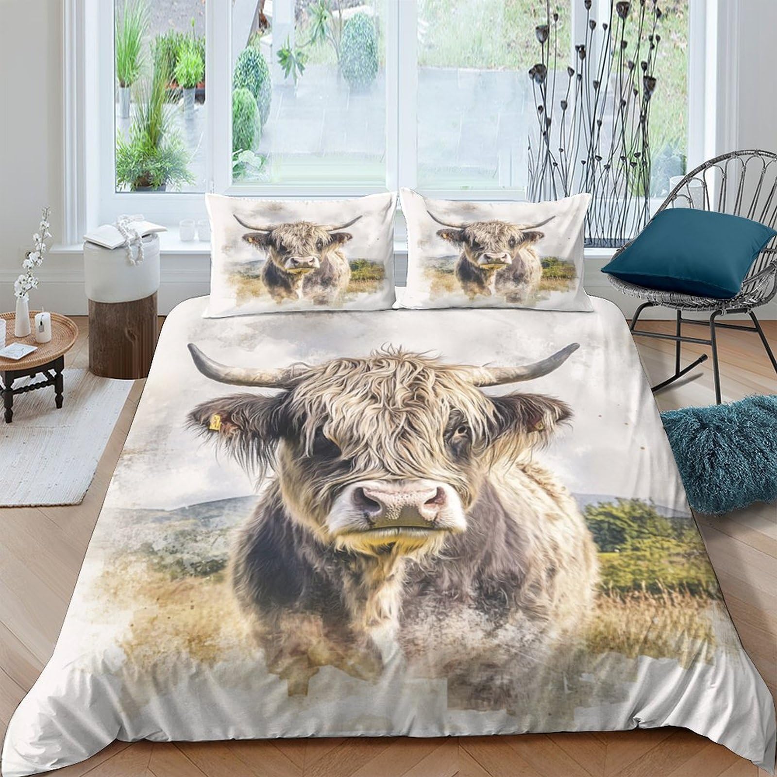 Ctjqhvkz Style-8 3D Printed Highland Cow Fitted Sheet Microfiber Soft Anti-Slip Protection Rustic Pasture Bed Cover For Bedroom Guest Room Single（135X200cm）