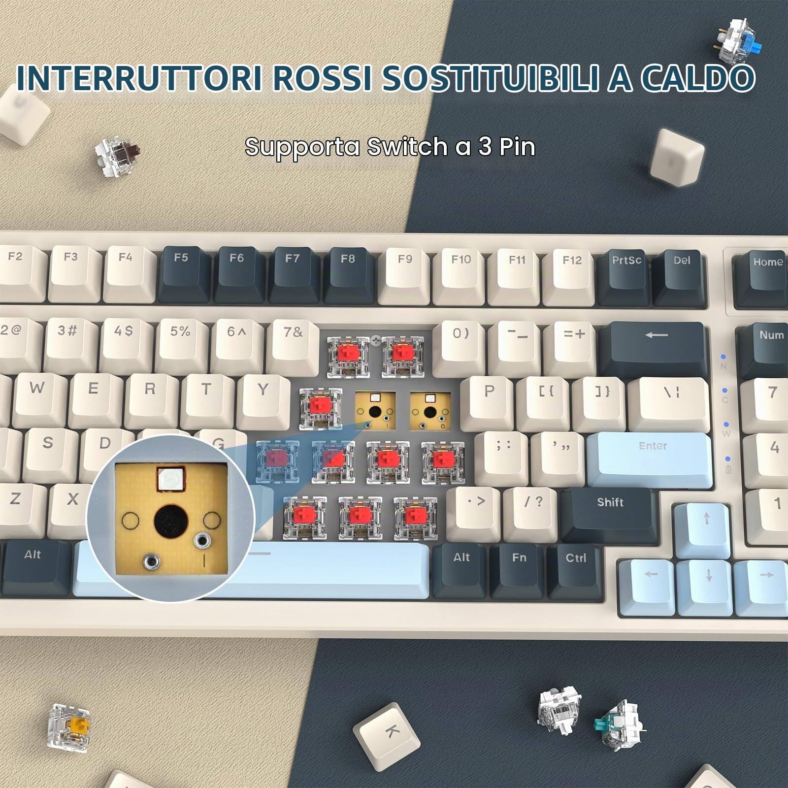 MAMBASNAKE × FREEWOLF K8 Tastiera meccanica colorata a 3 modalità, Disposizione QWERTY tastiera da gioco con guarnizione Bluetooth wireless 2.4G con cavo, interruttore rosso hot swap-Mirtillo