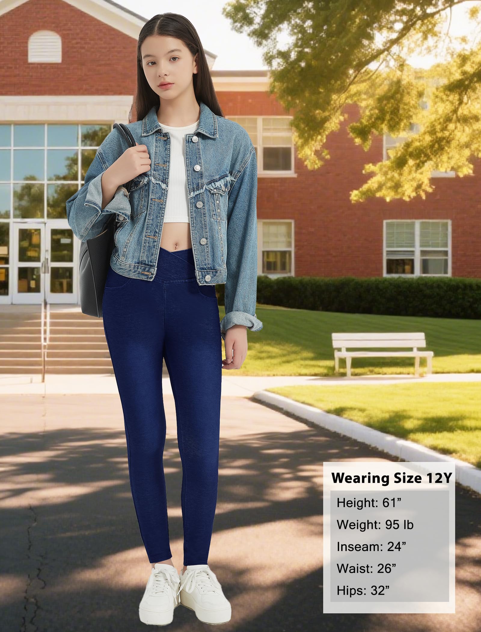 EXARUS Mädchen-Jeggings, 3er-Pack, Skinny/Flare, Crossover-Stretch-Jeans, hohe Taille, lässige Schulhose, Teenager, 8–14 Jahre