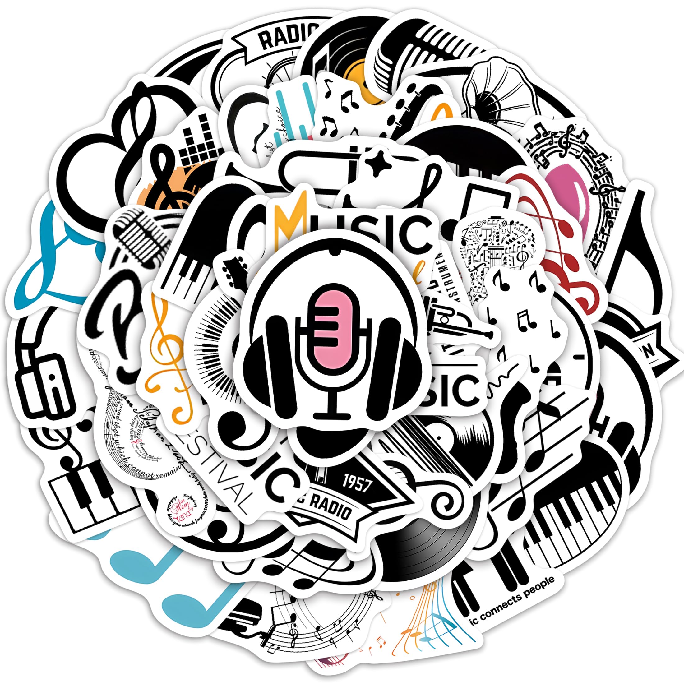 50 Pcs Classic Color Matching Music Themed Stickers for Kids Adults, Vinyl Waterproof Water Bottle Laptop Decals, Music Lovers Phone Case Scrapbook Guitar Skateboard Decoration