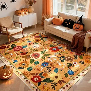Floral 5x7 Area Rug Machine Washable Soft Print Boho Carpet Non Slip Doormat Low Pile Flower Area Rugs for Living Room Bedroom Nursery Kitchen Dining Room Indoor-Yellow/Orange