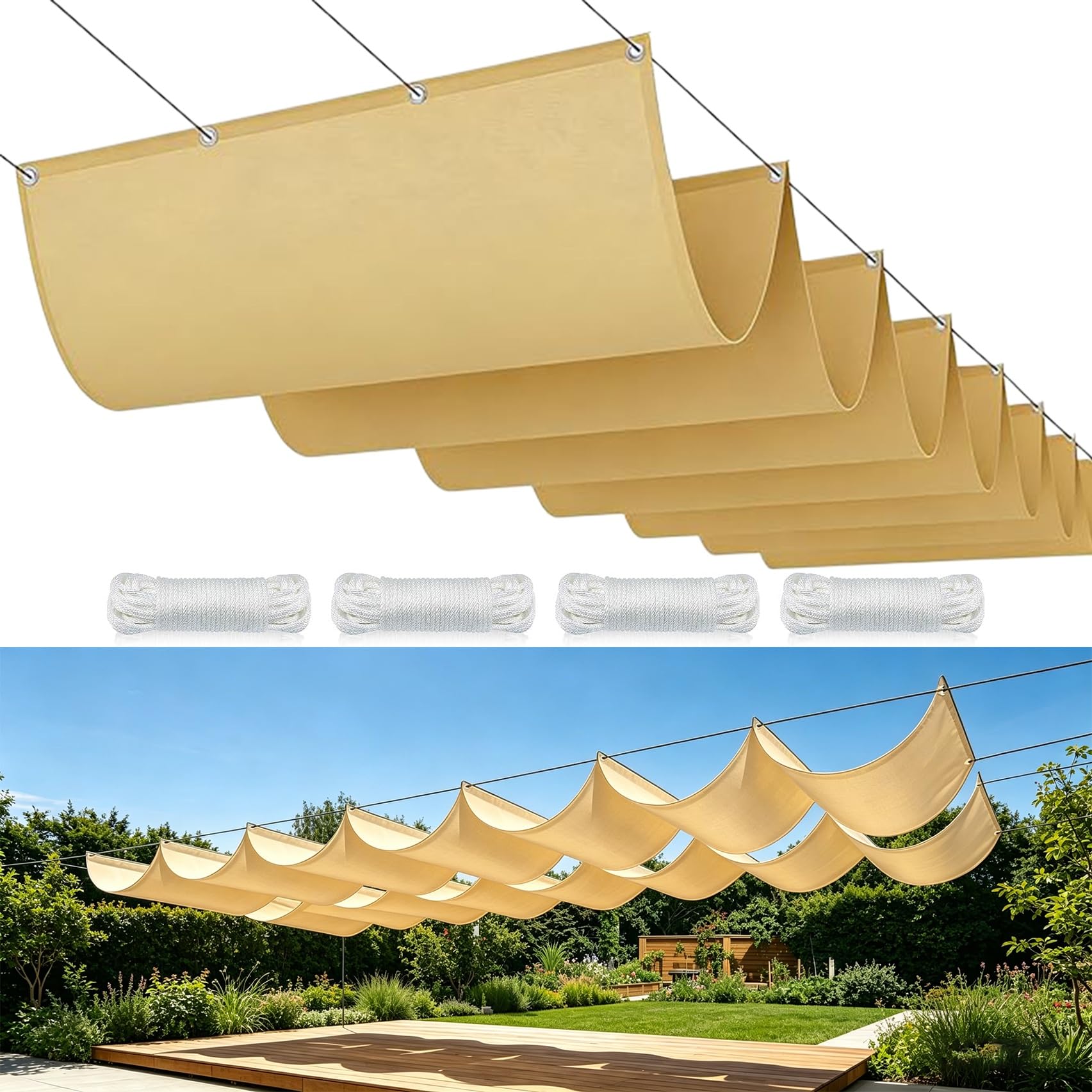Sonnensegel Einziehbares 50 x 150 cm (Benutzerdefinierte Größen), Sonnenschutz Uv-Schutz Wetterfest Ohne Bohren Reißfest, Wasserdicht Wasserdicht Wellenmarkise für Terrasse Garten, Sandgelb