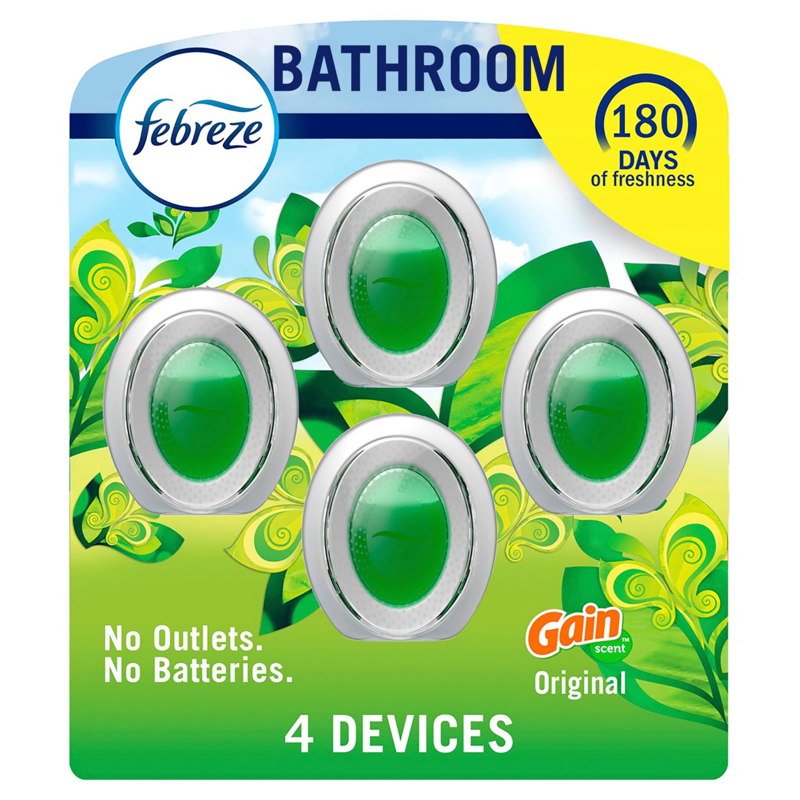 Febreze Bathroom, Odor-Fighting, Plug In Alternative, Air Fresheners for Home and Bathroom and Kitchen, Closet Air Fresheners, Gain Original Scent, 4 Count