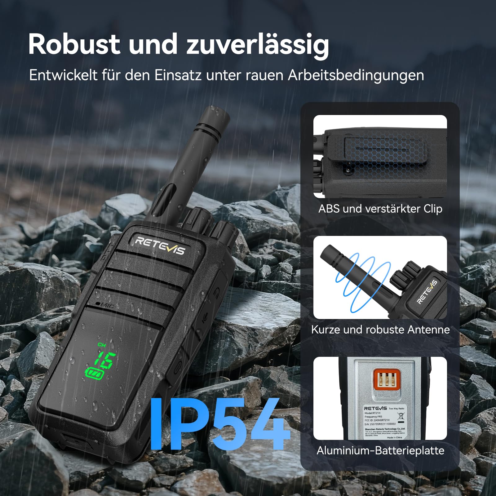 Retevis RT21H Walkie Talkie, IP54 Resistente all'Acqua Radio Bidirezionale Schermo Robusto e Invisibile Ricarica USB-C PMR446 Walkie Talkie a Lungo rRaggio Facili da Usare per Fabbriche(4 Pezzi,Nero)