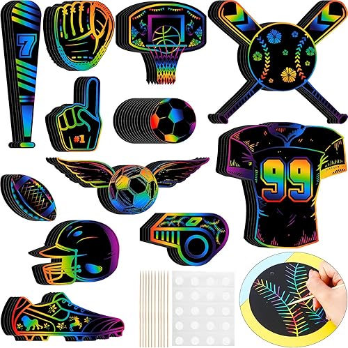 Qilery Juego de 70 piezas de papel deportivo para raspar con lápiz óptico de madera y cintas, pelota deportiva, almohadilla de papel arcoíris para