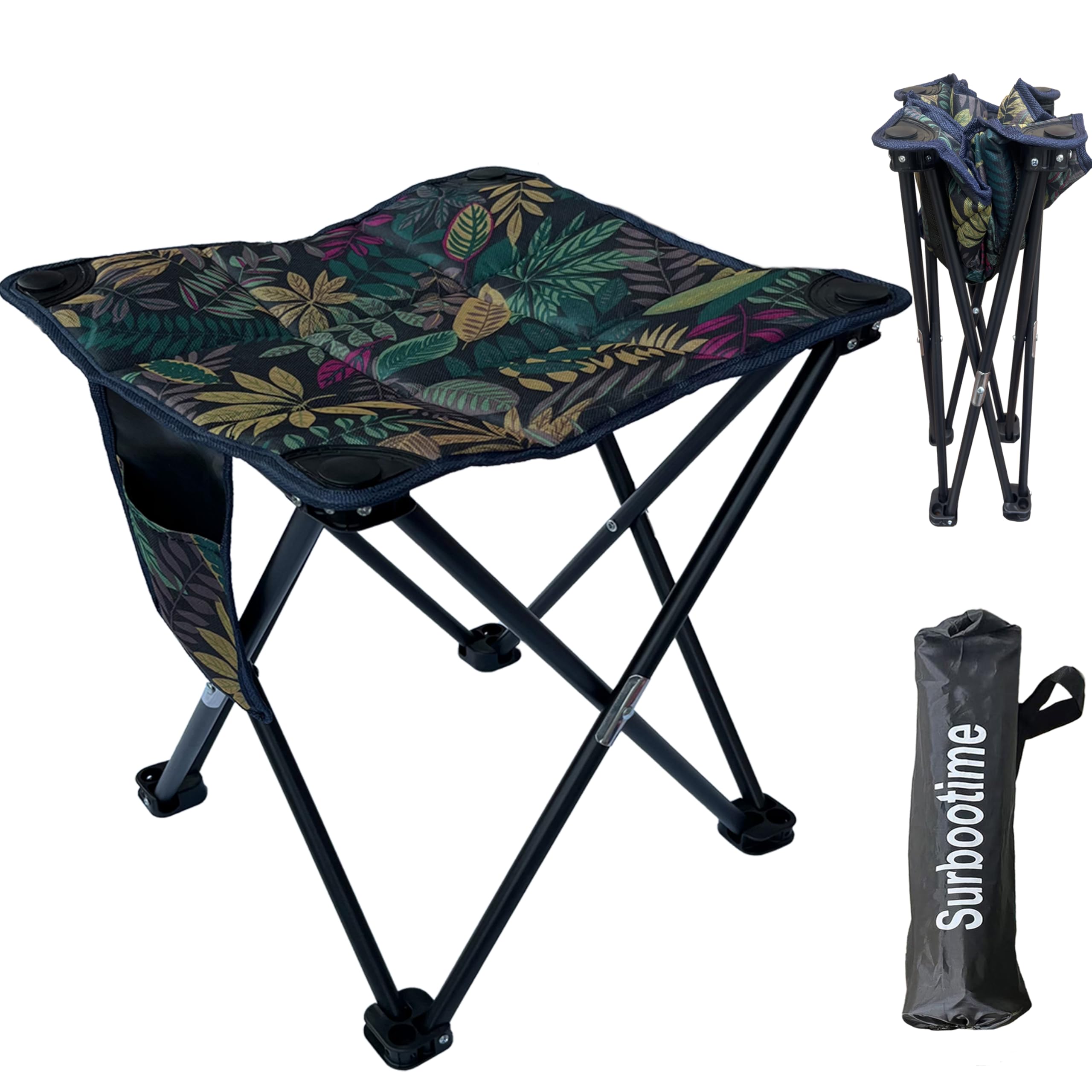 Portable folding camping stool, cotton lining, 14*14*15 inches, soft outdoor seat with side pockets, extra-large footstool, suitable for fishing, picnics, beach barbecues, hiking (Maple Leaf)