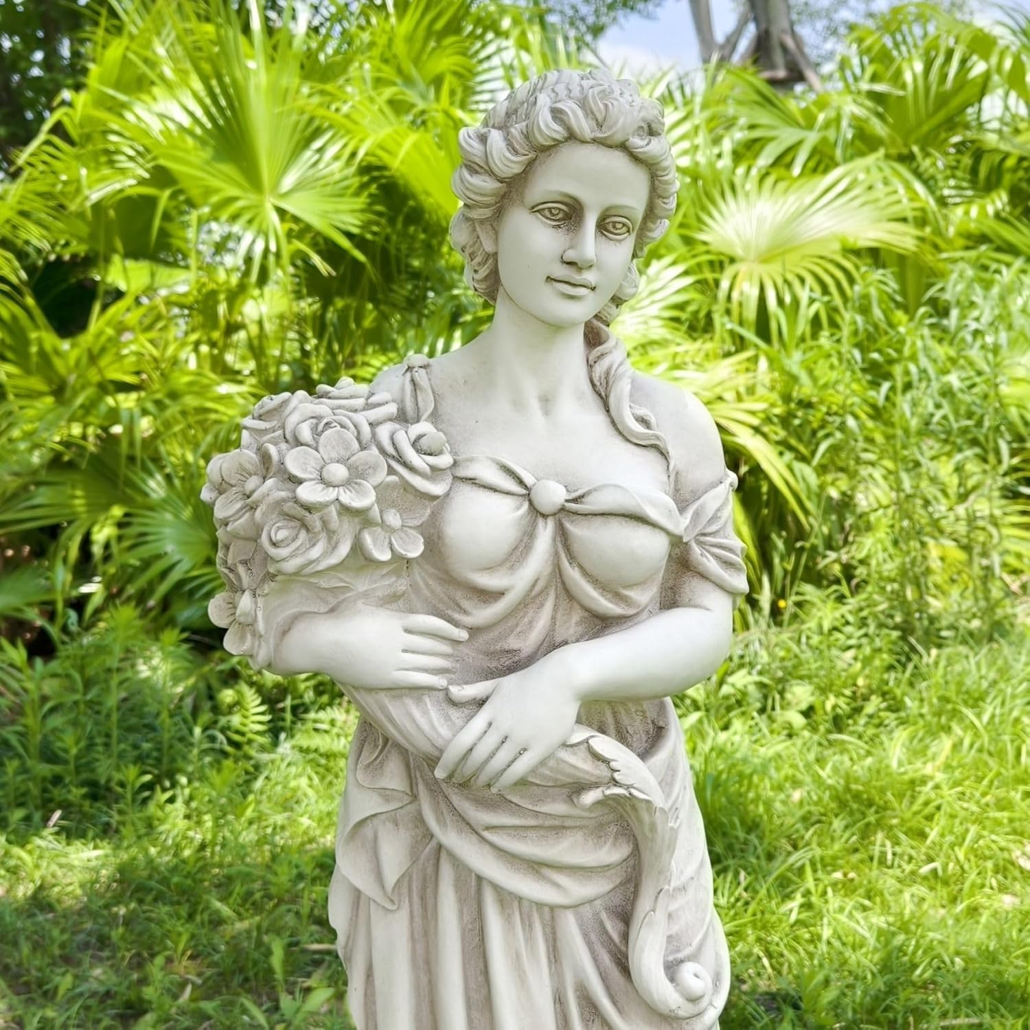 Large Spring Goddess of The Four Seasons Statue 45'' High Greek Mythology Garden Nymph Girl Maid with Holding Bouquet Outdoor Patio Yard Lawn Decor