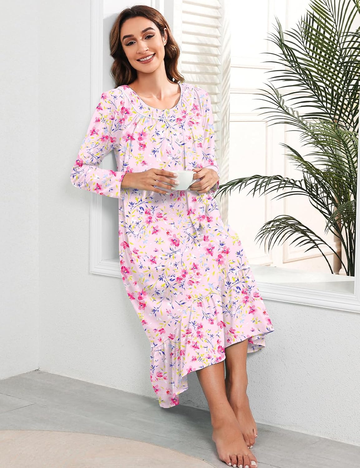 MZROCR Cotton Nightgowns for Women Soft Long Sleeve Night Gowns for Adult Women Comfy Night Shirts Lightweight Sleepwear - Image 6