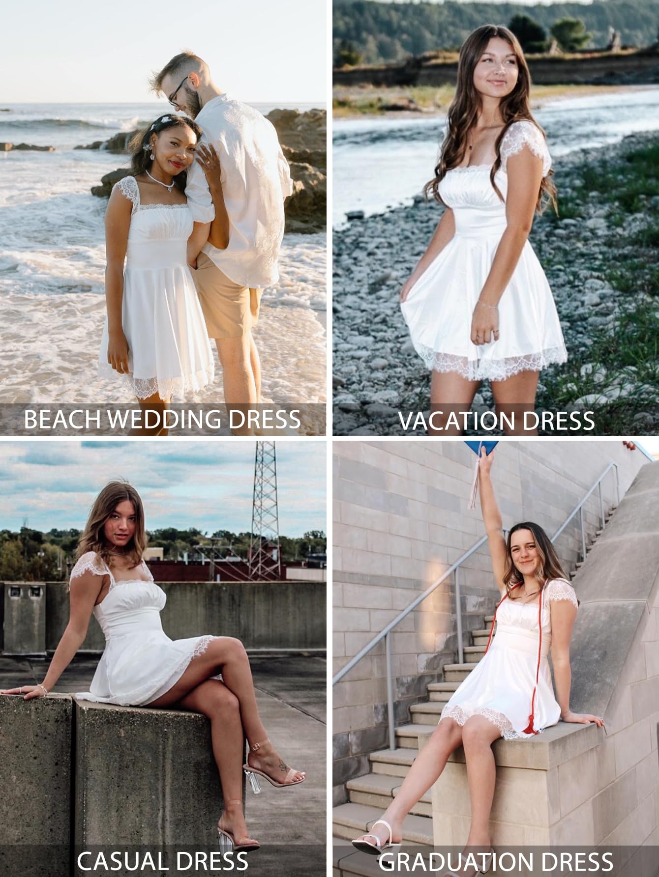 Ellefemme Vestido corto de satén con tirantes de encaje para mujer, cuello cuadrado, acampanado, con volantes, con vuelo, para mujer