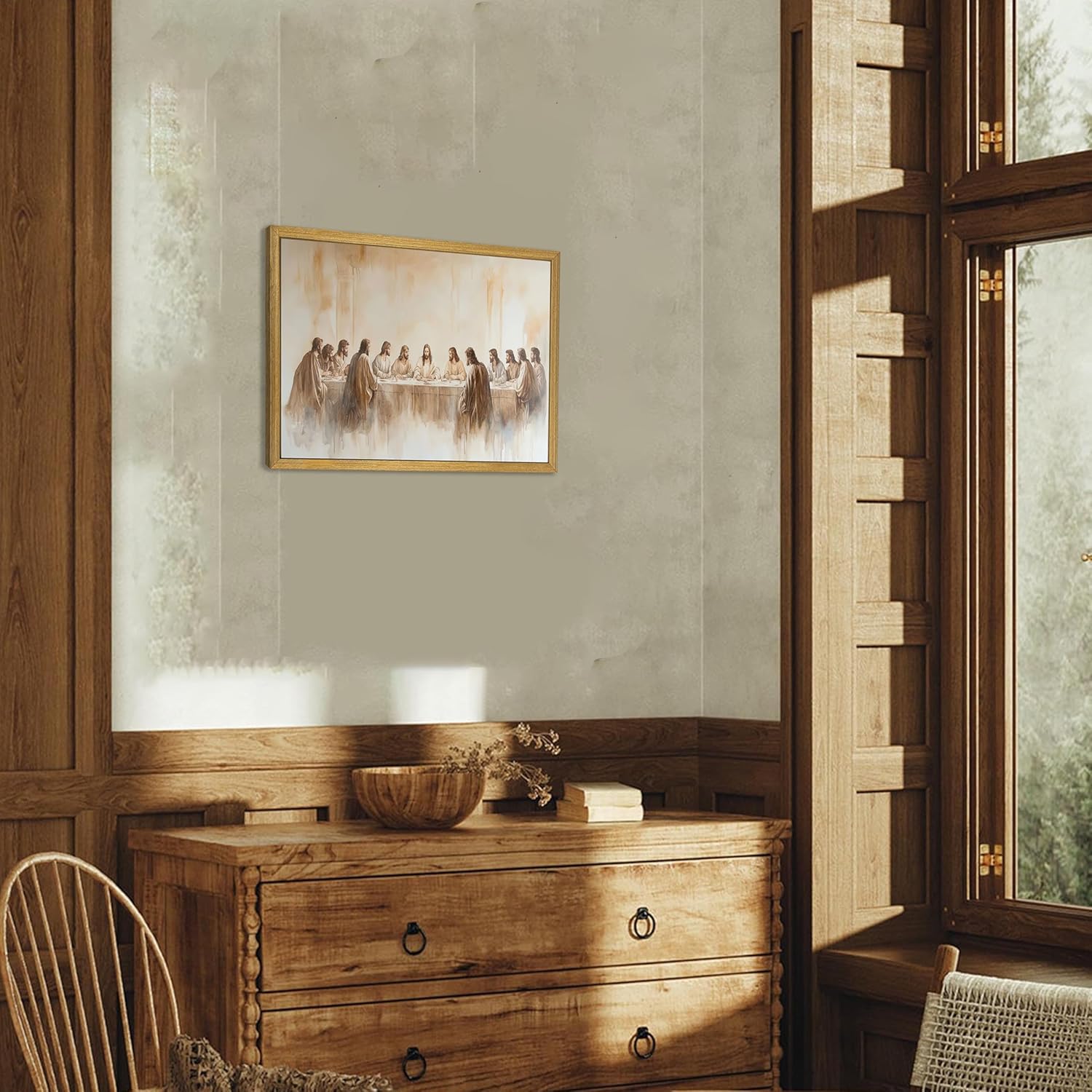 Jesus Last Supper Wall Art, Christian Canvas Wall Decor Painting, Leonardo da Vinci Religious Artwork Prints Picture for Living Room Dining Room Home Decor 16x24 Inch Wood Framed