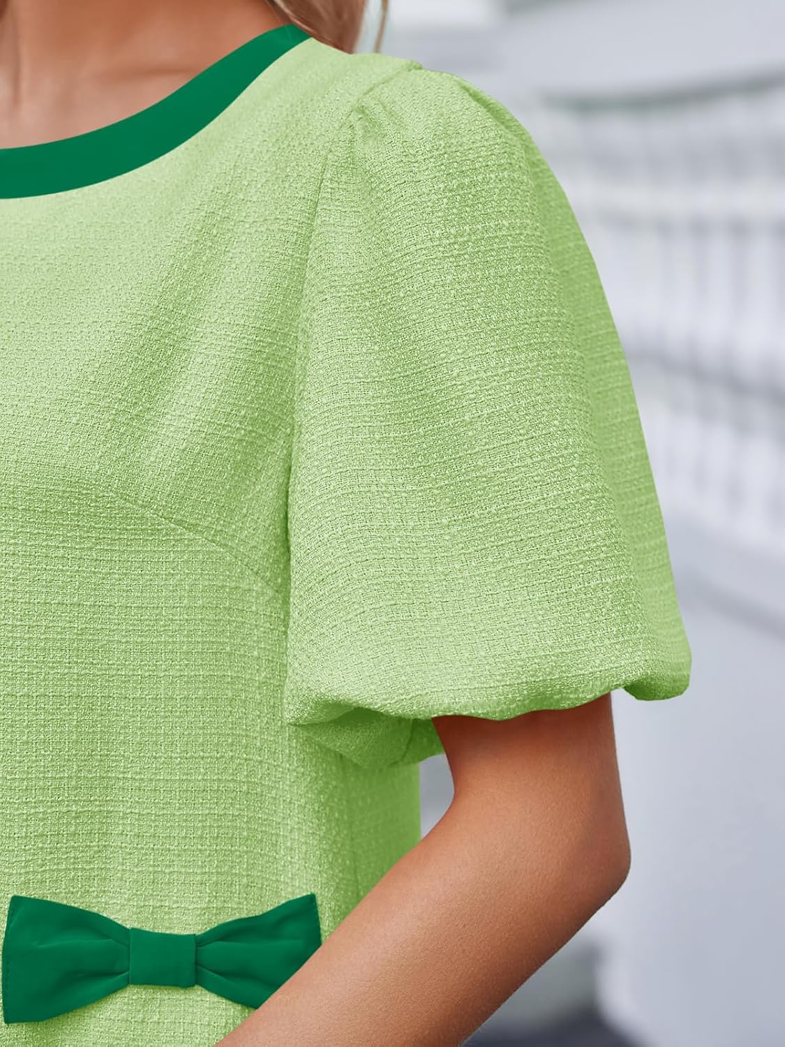 Wenrine Womens Summer Mini Dress Casual Tweed Short Sleeve Bow Work Business Dresses with Pockets - Image 5