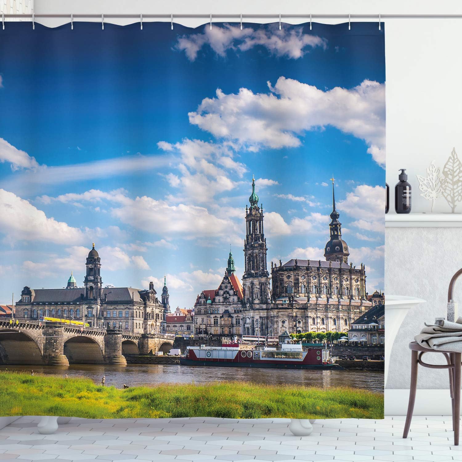 Ambesonne Cityscape Shower Curtain, Town Dresden Old German Architecture Historical European Scenery Image, Cloth Fabric Bathroom Decor Set with Hooks, 69" W x 70" L, Blue Green