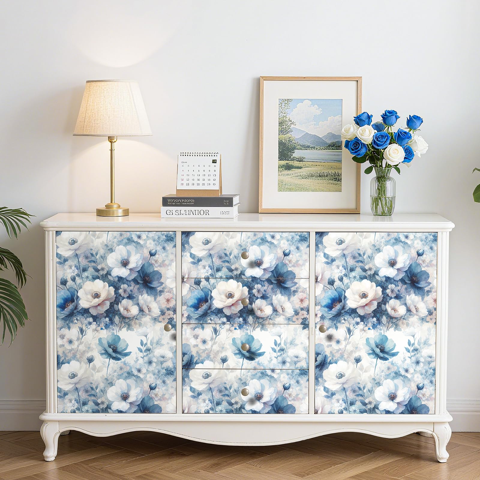 Papel Pintado Autoadhesivo Floral Azul Y Blanco Livelynine, 44,5 Cm X 2 M, Impermeable, Fácil De Limpiar, Para Muebles Y Paredes