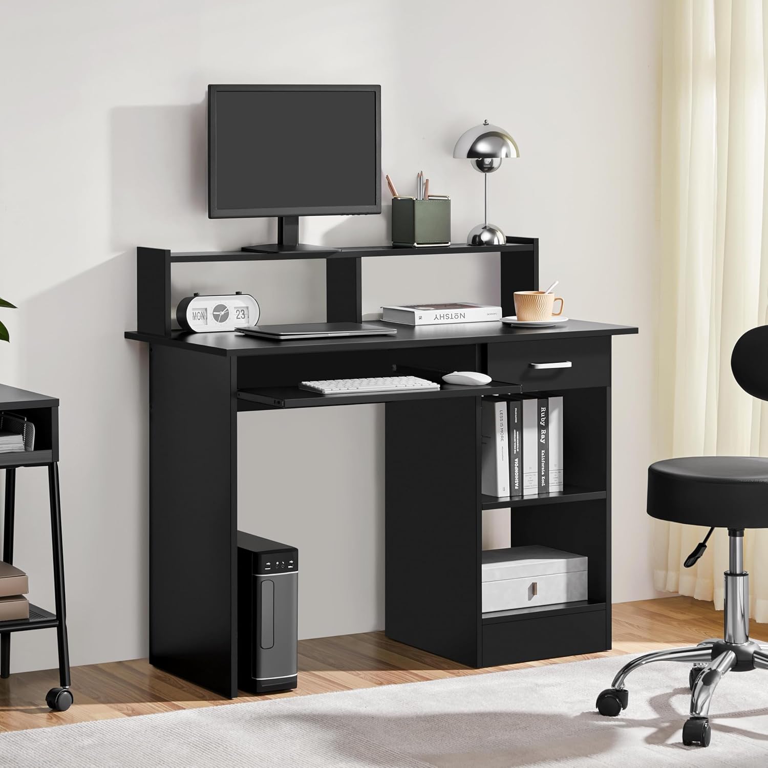 Yaheetech Home Office Wood Computer Desk with Drawers and Pull-Out Keyboard Tray, Study Writing Desk PC Laptop Table with Hutch and Storage Shelves, Modern Workstation, Black