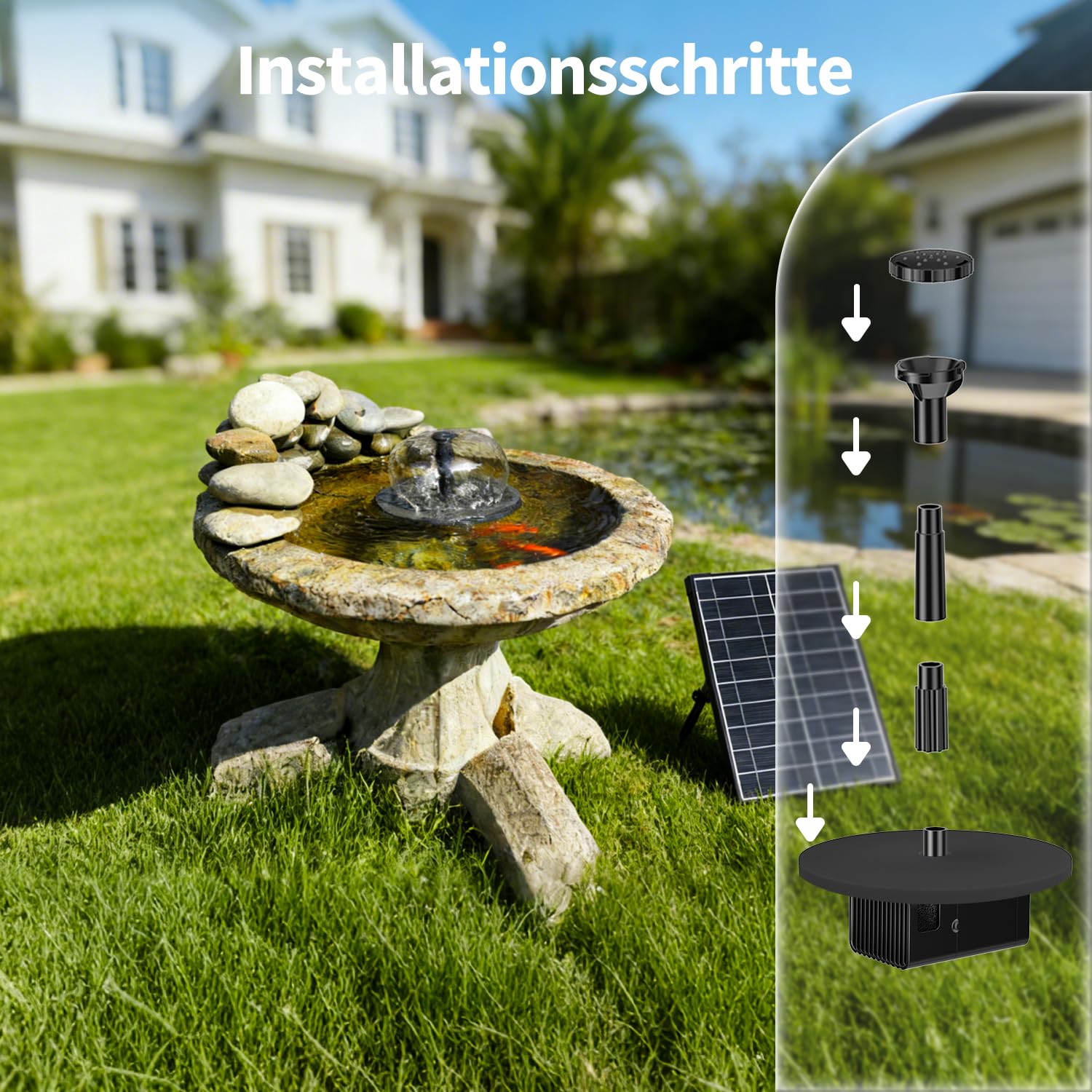 POPOSOAP 8W Fuente Solar Exterior, Bomba de Estanque Solar Mejorada con Protección contra Sequedad, Boquillas de Doble Pared, Manguera de 1,5 m para Bebedero de Pájaros, Estanque, Acuario