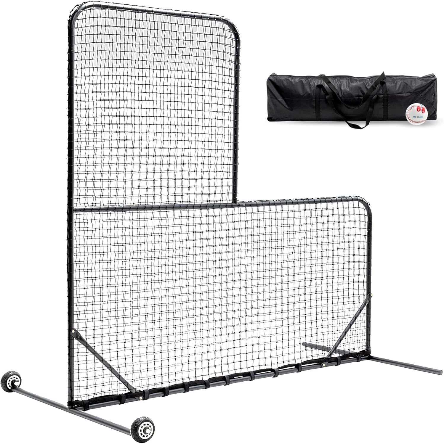 ZeHuoGe L-Shaped Baseball Net for Batting Cages, Baseball Pitching Net with Wheels - 84''H x 84''W, with 42'' x 42'' Cutouts,Include Carry Bag