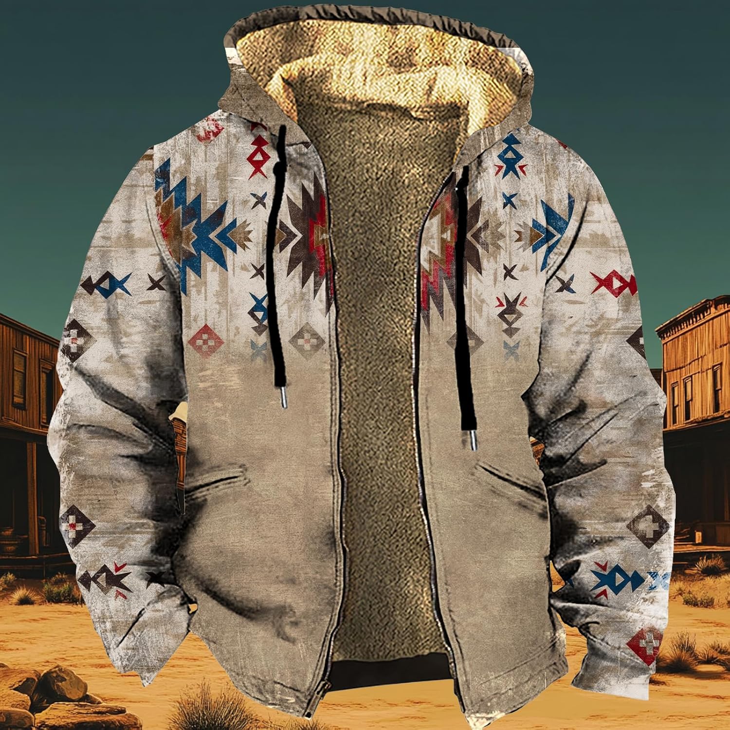 Men's Vintage Cowboy Winter Jackets Sherpa Fleece Heavy Warm Coats Zipper with Hood Casual Cold Weather Jacket