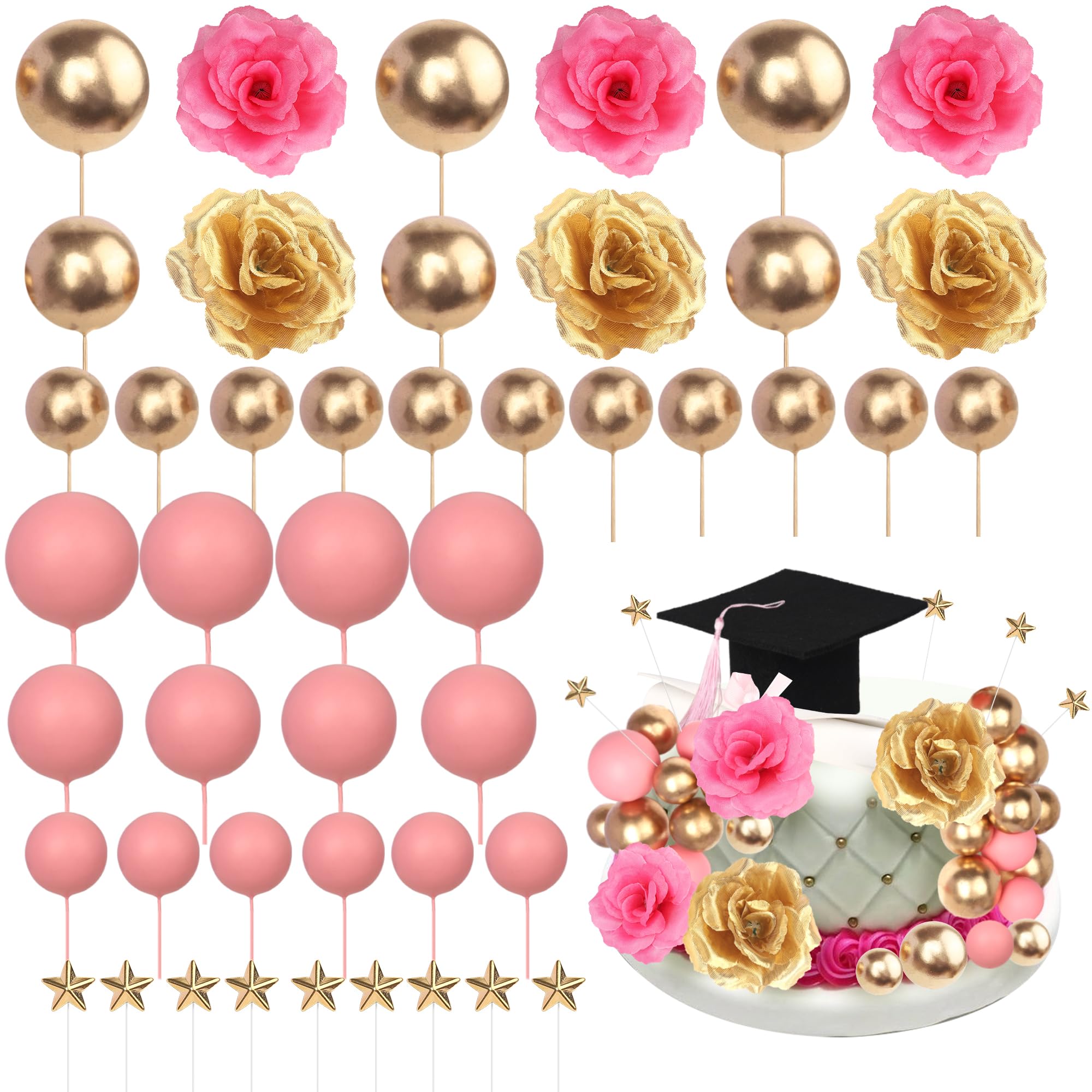 SYKYCTCY 33 Pack 2026 Graduation Cake Topper Grad Cap Tassel Diploma Flowers Little Stars Balls Cake Pick for 2026 Graduation Theme Party Cake Decorations Supplies Black โ image 1