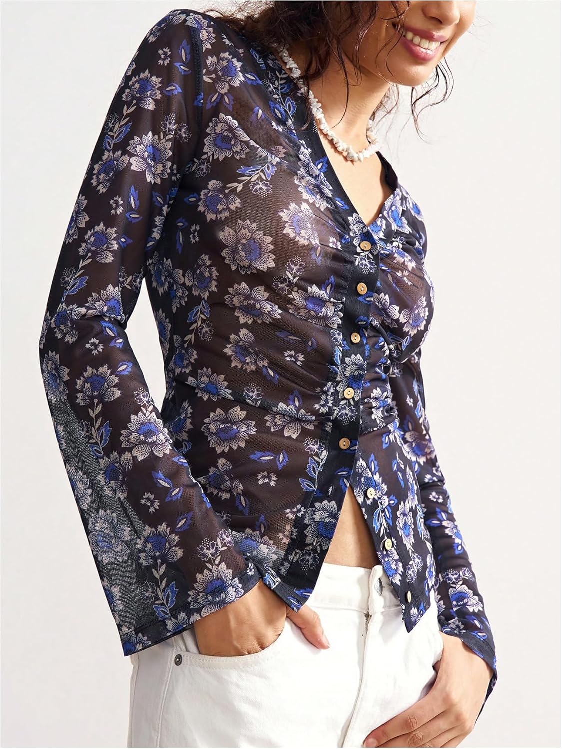 SOLY HUX Women's Long Sleeve Shirts Boho Floral Print Blouses Button Down V Neck Fitted Tops - Image 5