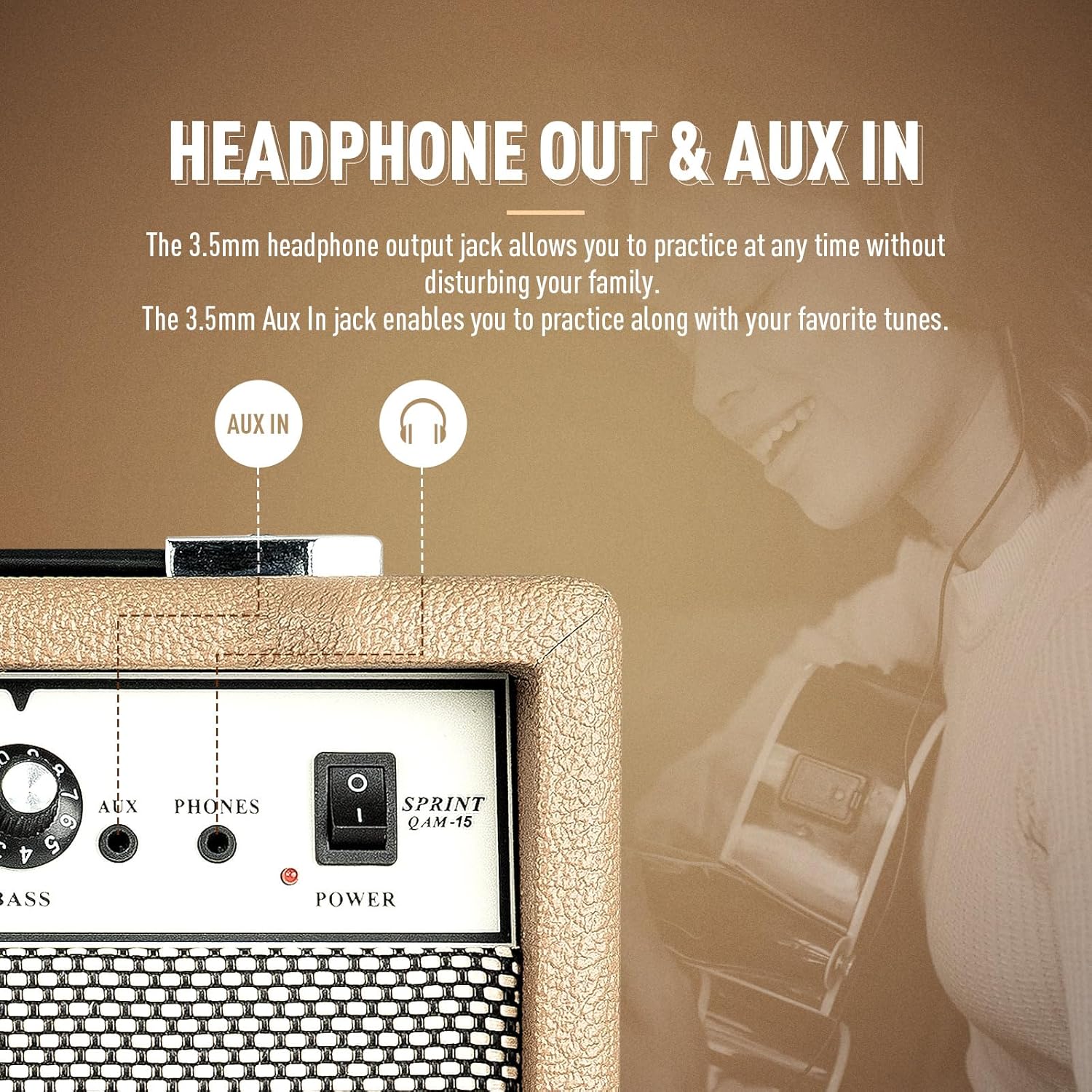 SONICAKE Sprint QAM-15 amplifier showing Headphone Out and AUX In