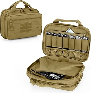 DSLEAF Tactical Gun Range Bag with 2 Handguns Capacity, Soft Pistol Case with 8X Magazine Slots, Lockable Zipper and Extra Pockets, Khaki
